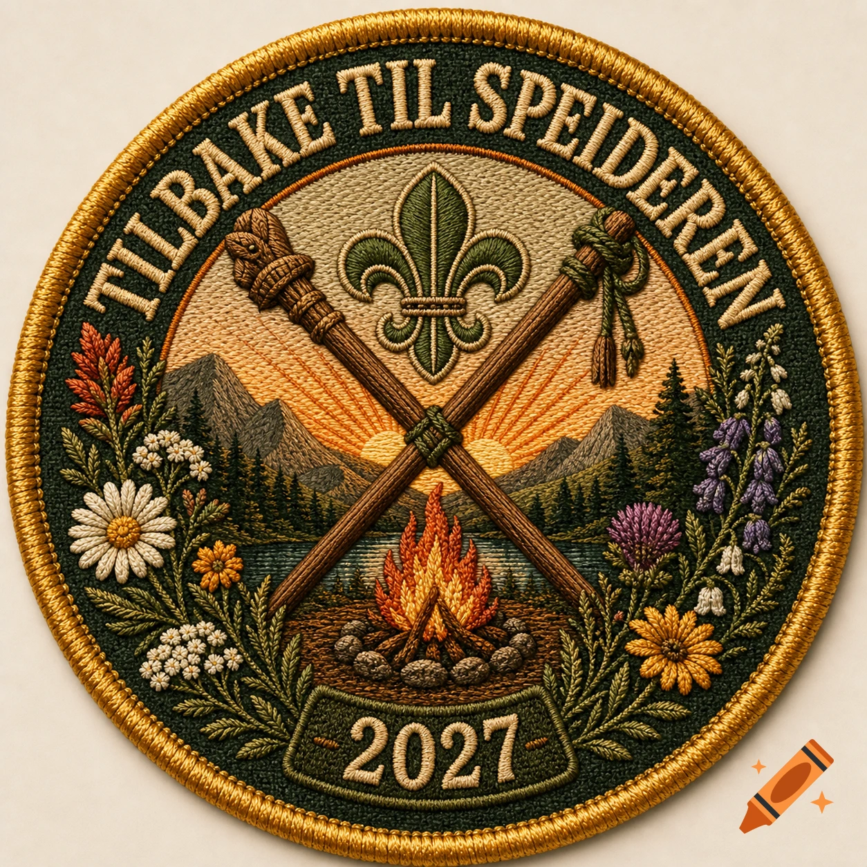 Round embroidered scout badge with campfire, mountains, lake, sunset, and flowers, featuring text "TILBAKE TIL SPEIDEREN" and "2027".