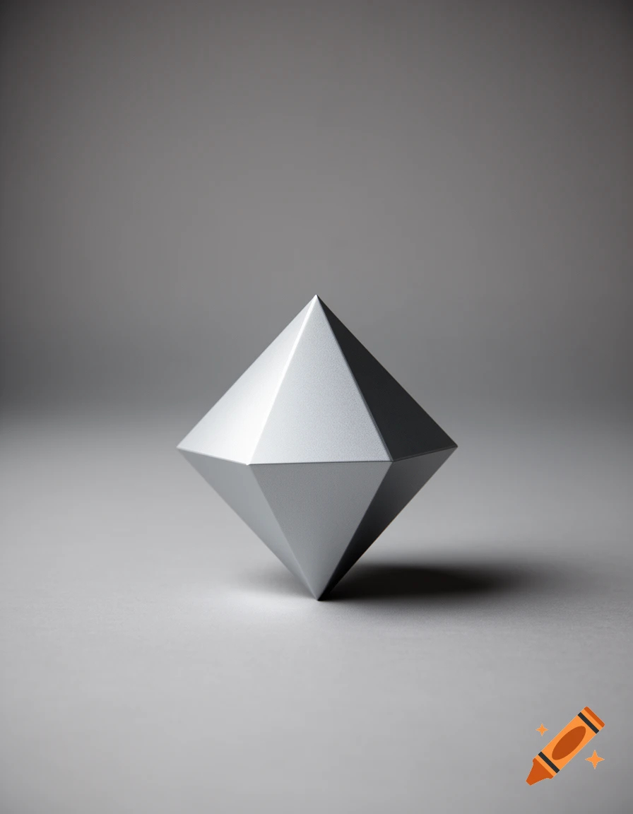 Photorealistic silver octahedron balancing on its vertex against a neutral gray gradient background.