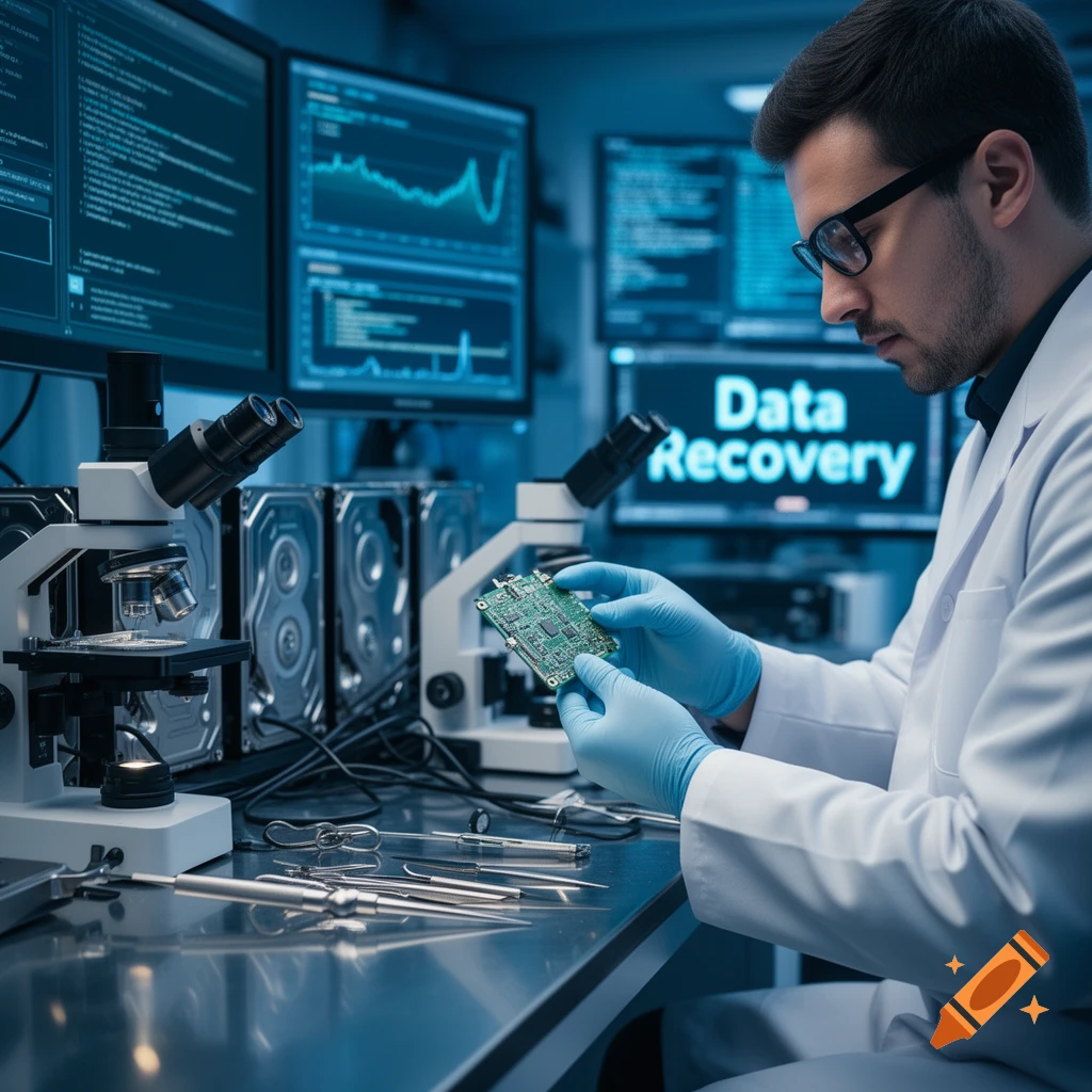 A man in a lab coat and gloves examines a circuit board in a data recovery lab with monitors displaying code and "Data Recovery".
