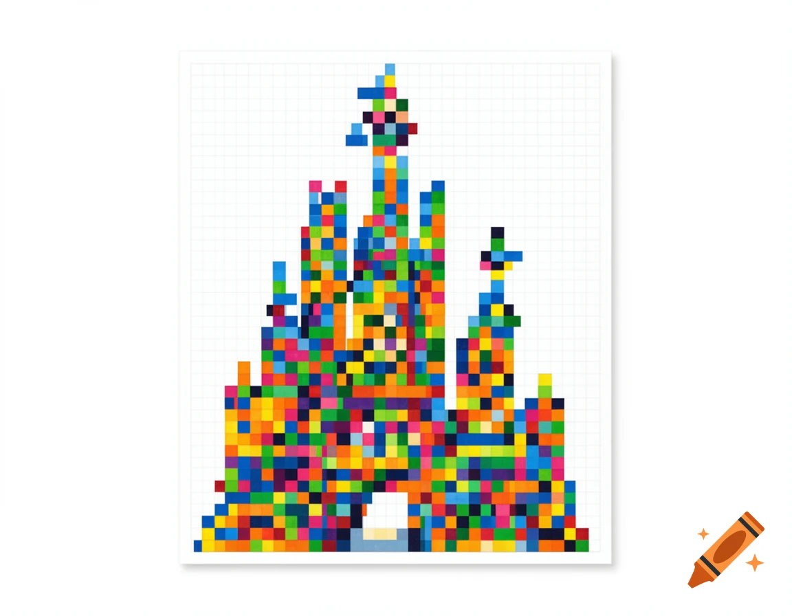 Colorful pixel art castle on a white background with a grid pattern.
