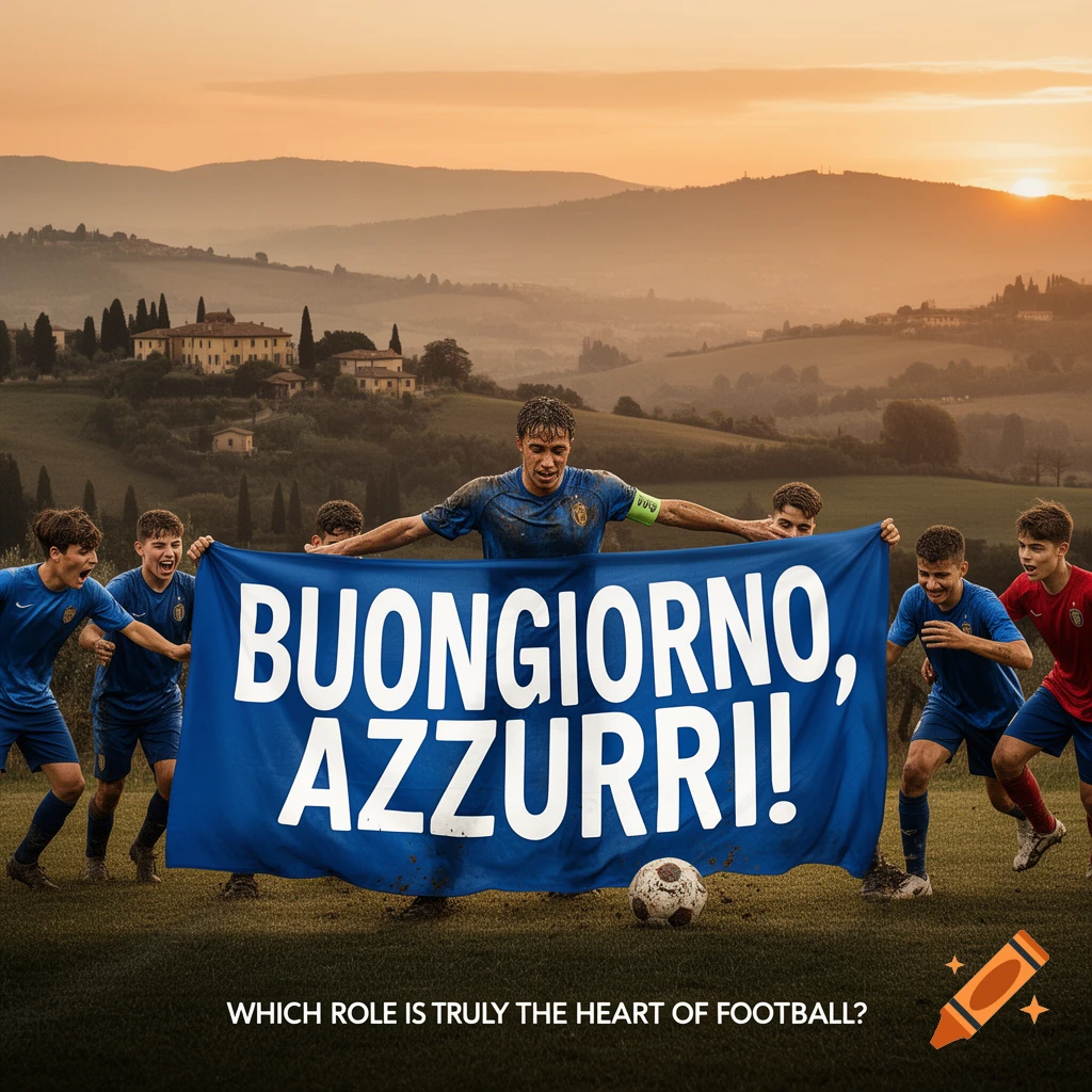 Young football players hold a 'BUONGIORNO, AZZURRI!' banner on a field during sunset in a scenic Italian landscape.