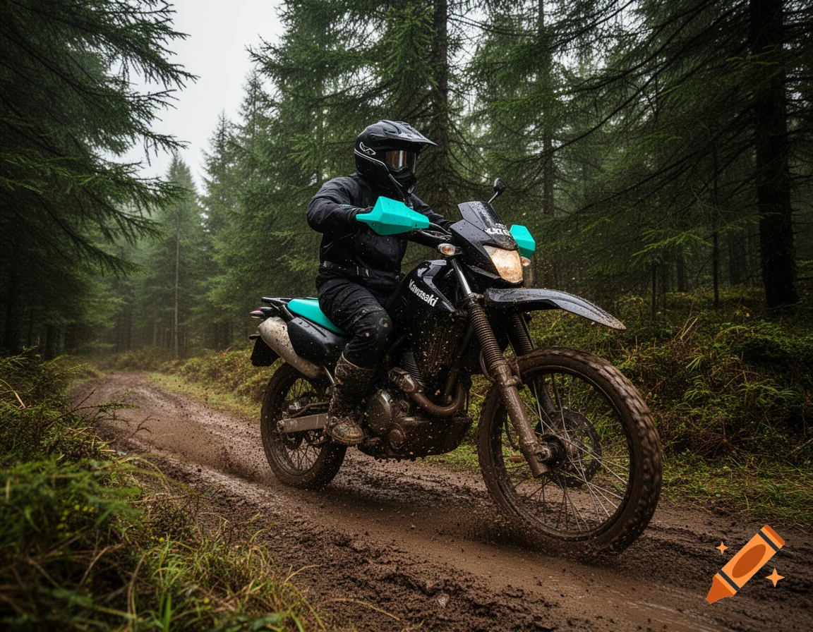 A rider on a black and turquoise Kawasaki dirt bike navigates a muddy forest trail.