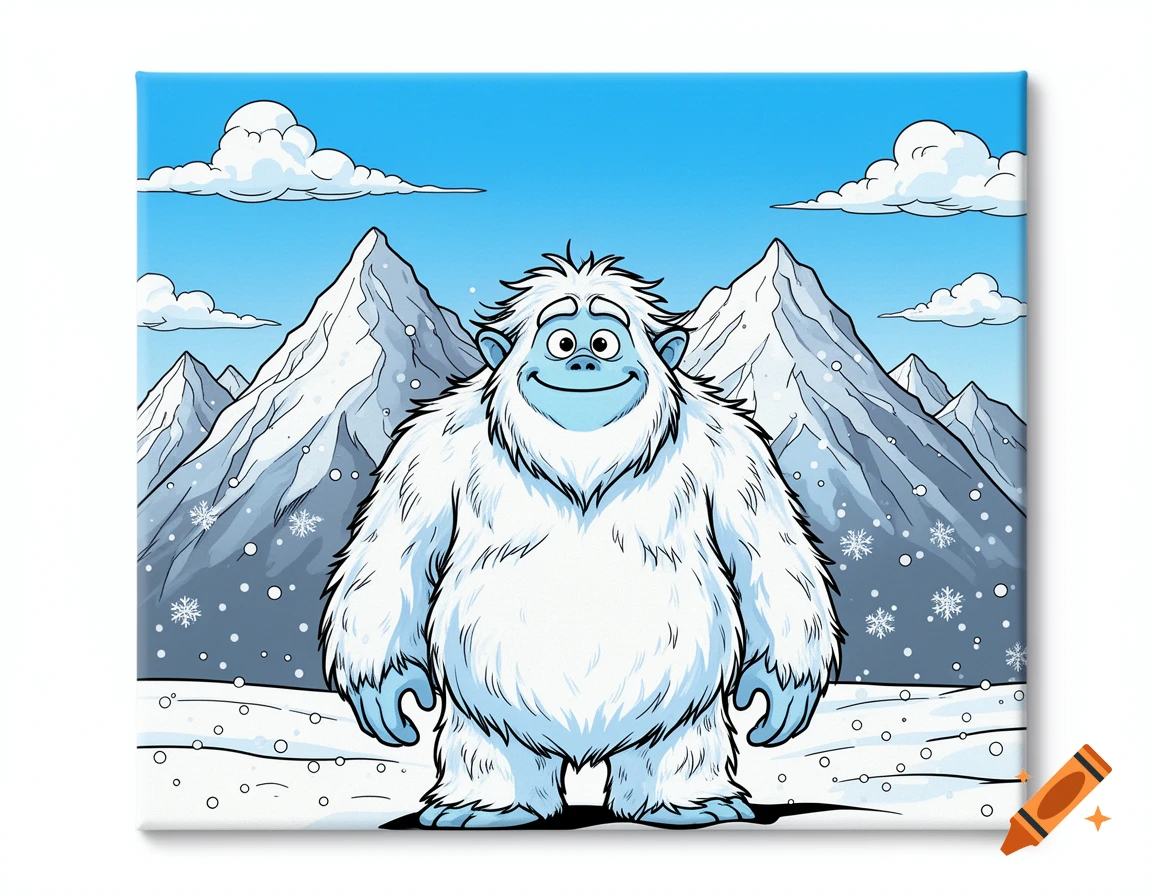 A friendly, fluffy white and blue cartoon yeti stands in a snowy mountain landscape under a clear blue sky.