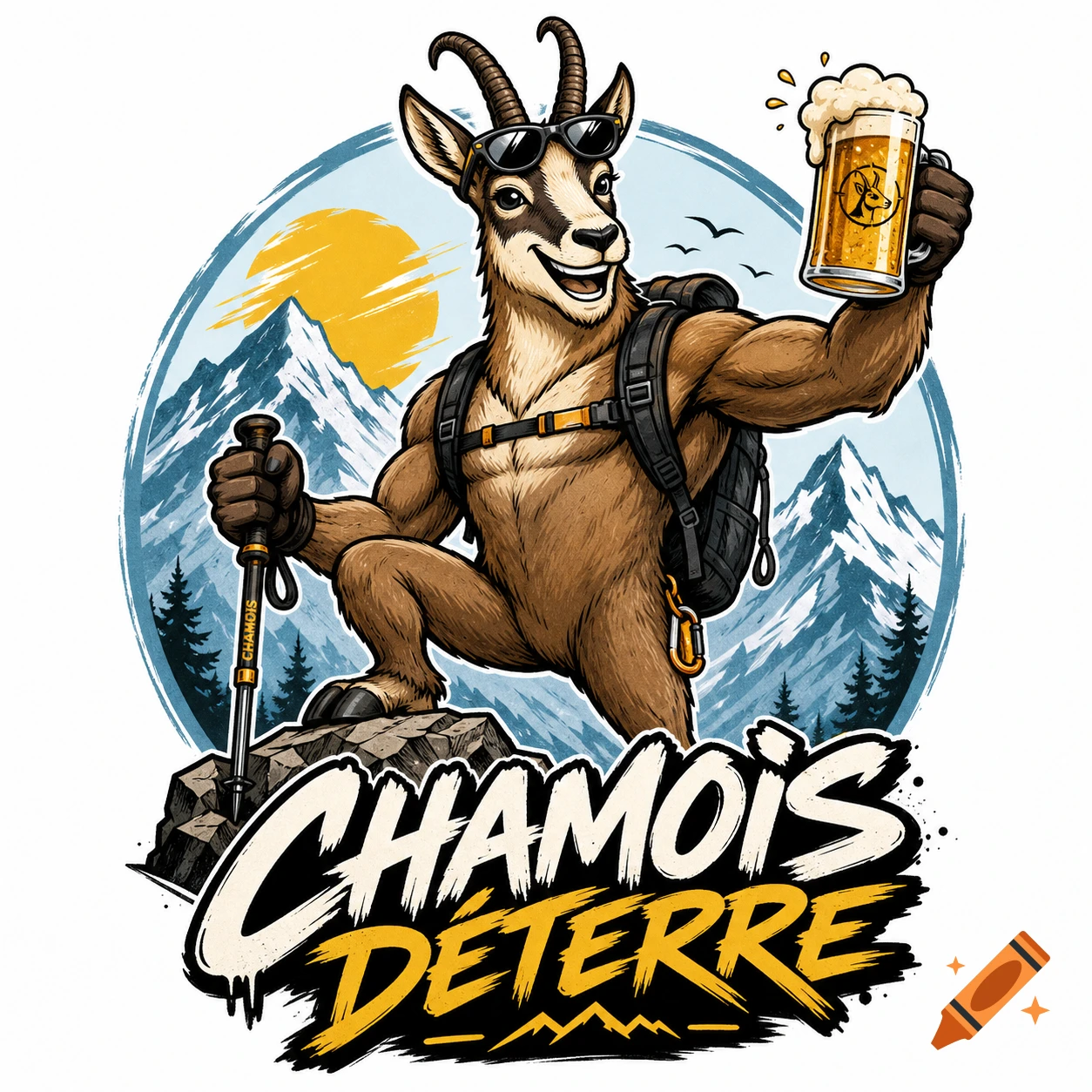 Cartoon chamois wearing sunglasses, backpack, holding a hiking pole and beer, smiling, with mountains in background. Text: CHAMOIS DETERRE.