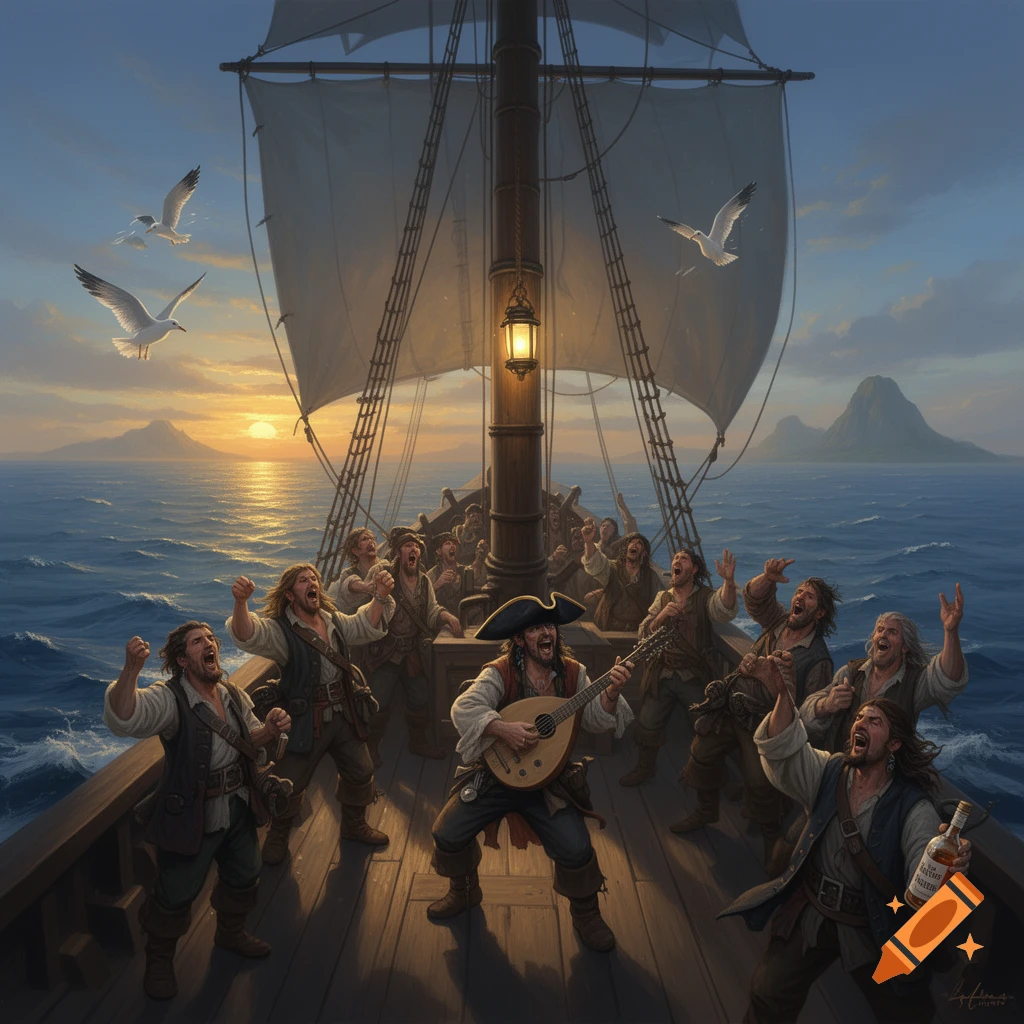 A crew of boisterous pirates sing and play music on the deck of their ship at sea during sunset, in a painterly style.