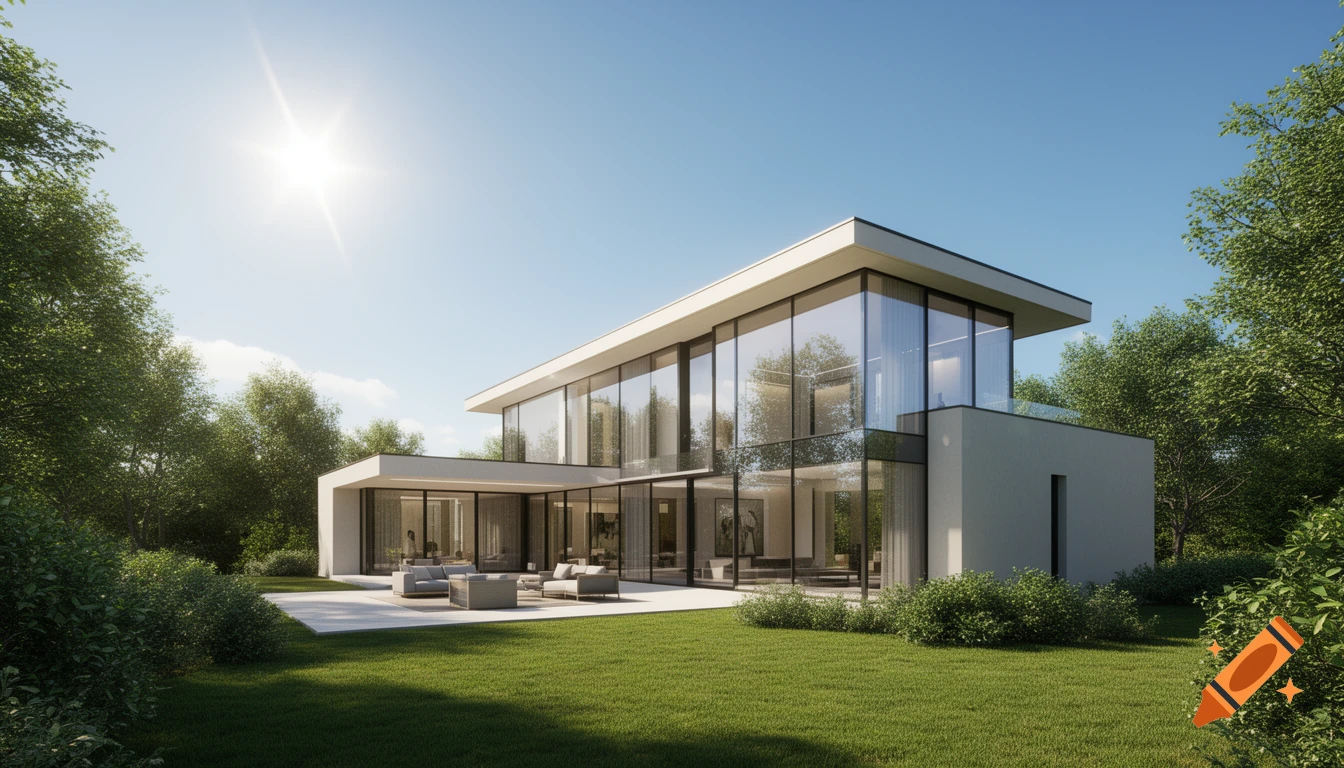 Photorealistic modern house with large glass windows, flat roof, green lawn, and trees under a bright blue sky.