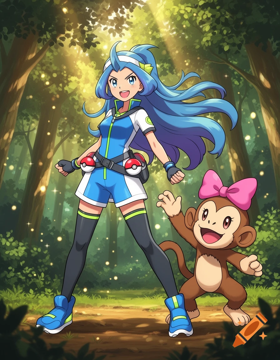 Anime illustration of a blue-haired female Pokemon trainer in a forest with a smiling brown Mankey wearing a pink bow.