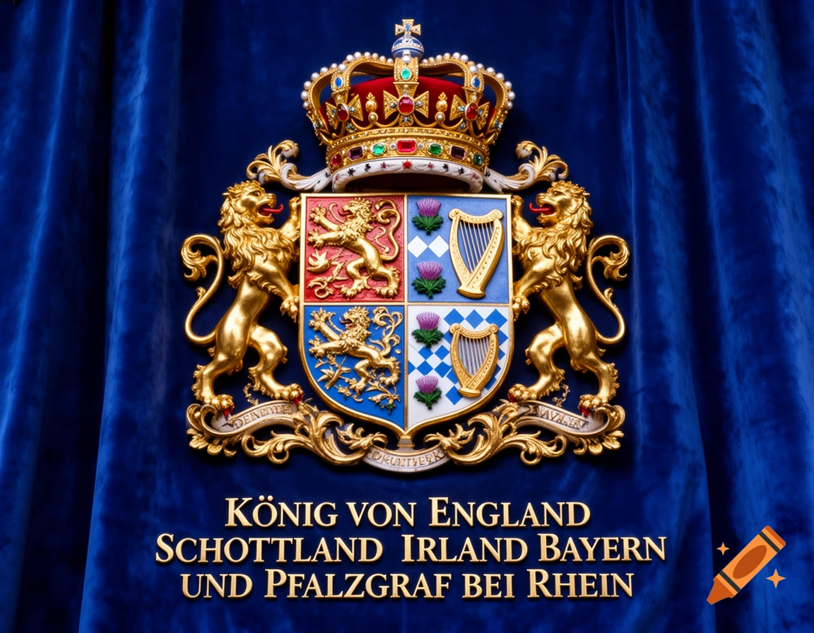Ornate royal coat of arms with a crown, golden lions, and a shield, on a blue velvet background, with German text.