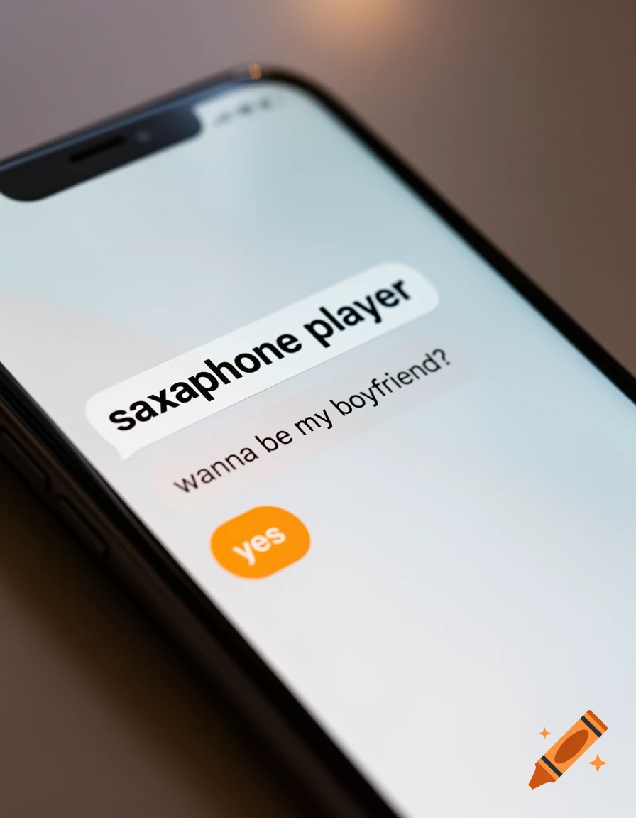 Close-up of a smartphone screen displaying text messages: 'saxaphone player', 'wanna be my boyfriend?', and a 'yes' button.