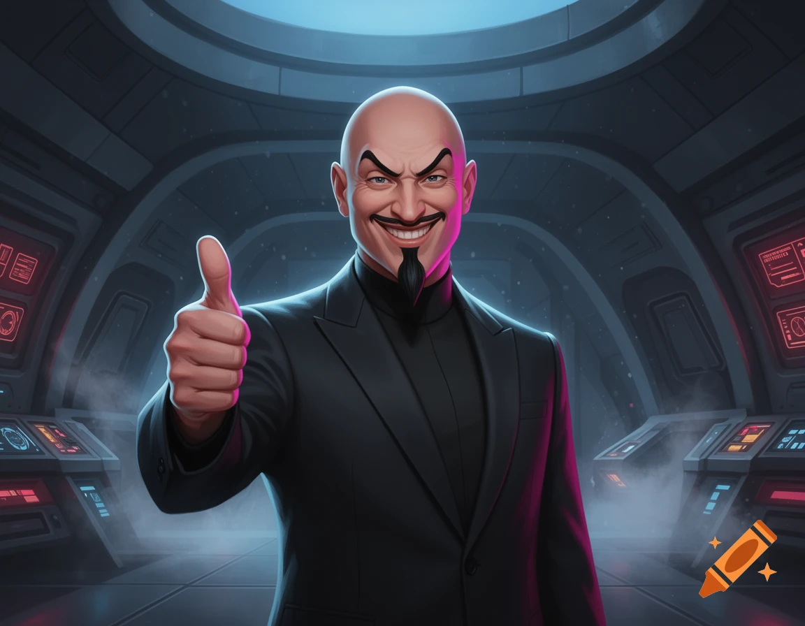 Digital art of Dr. Evil from Austin Powers giving a thumbs up in a futuristic control room.