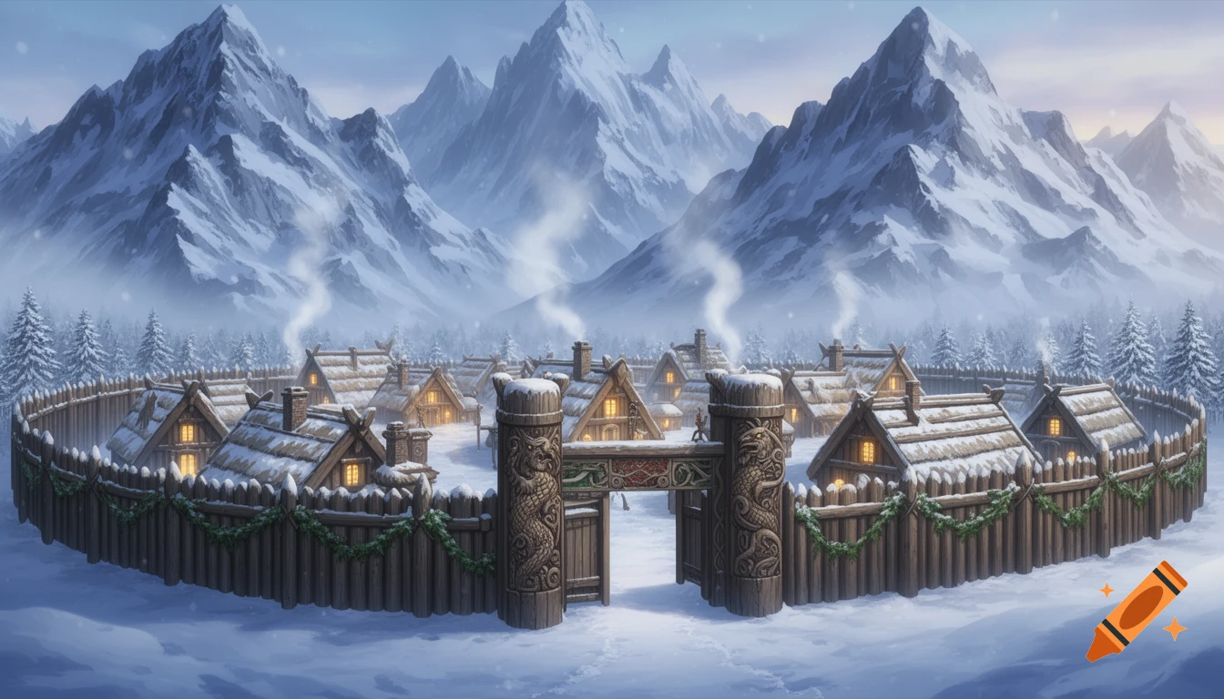A snowy Viking village surrounded by a wooden palisade with a large gate, nestled in a valley among tall, snow-capped mountains.