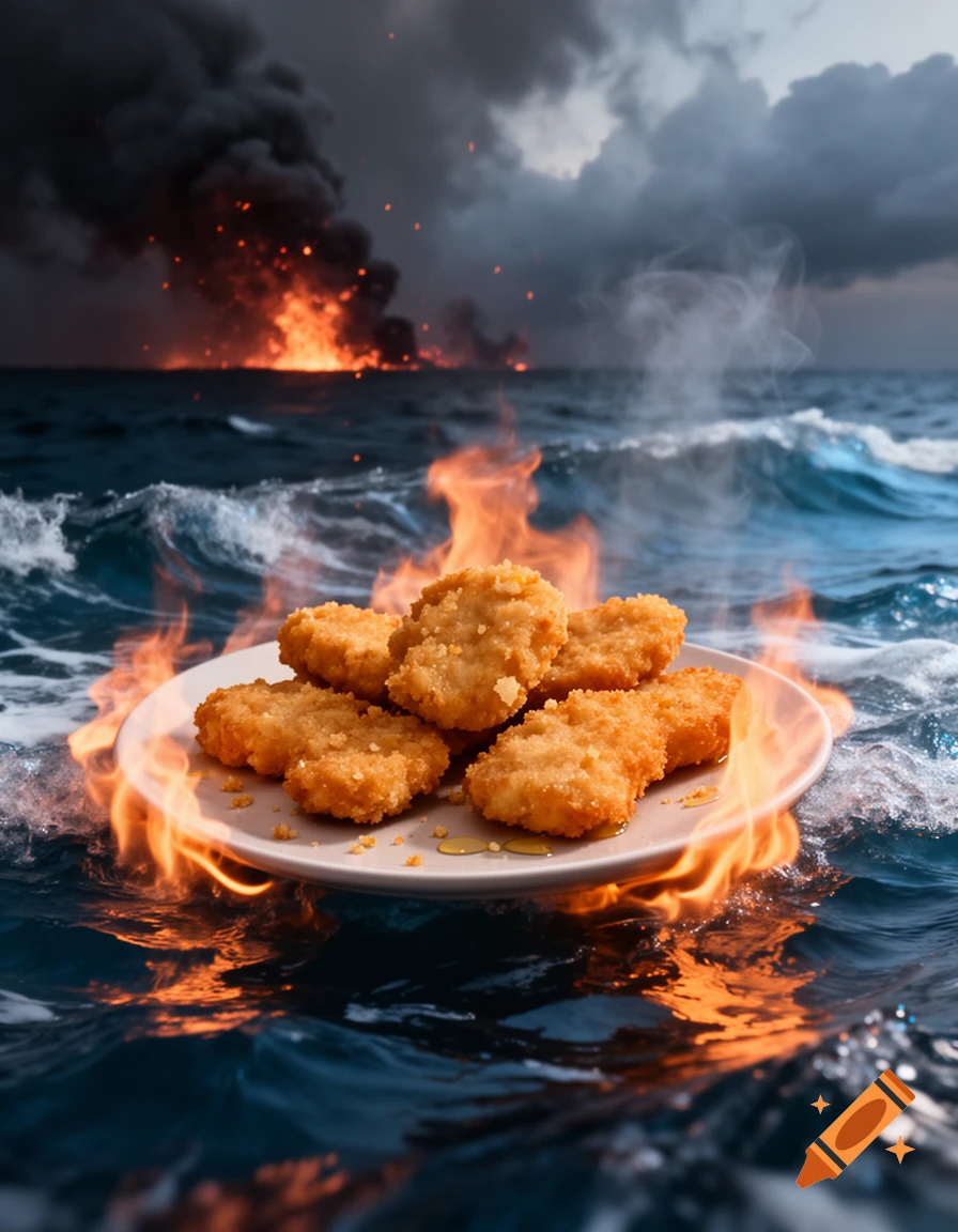A plate of golden-brown chicken nuggets sitting on a plate surrounded by flames in the middle of a rough, stormy ocean with a distant fiery explosion on the horizon.