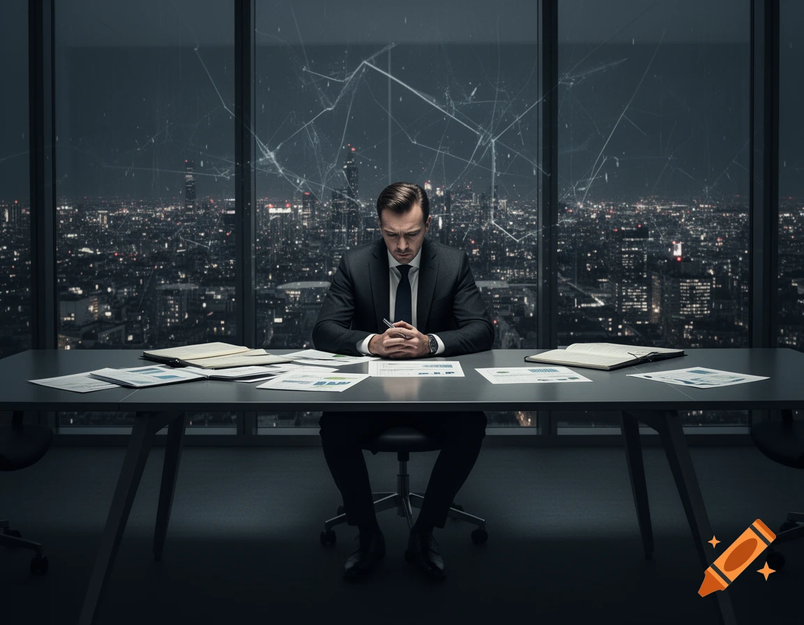 A man in a suit sits at a desk with papers, looking stressed, in an office overlooking a city skyline at night.
