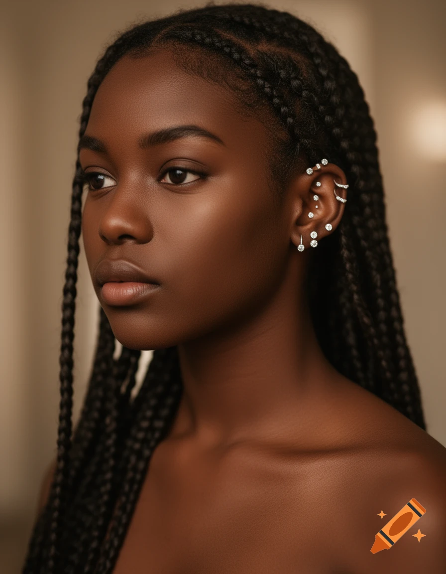 Close-up portrait of a young Black woman with long braids and multiple ear piercings, looking left.