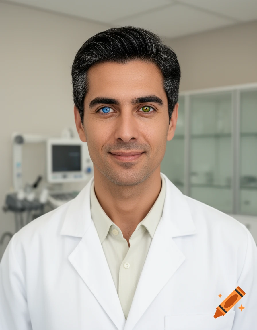 Photorealistic portrait of a male doctor in a white lab coat with heterochromia, one blue eye and one green eye.