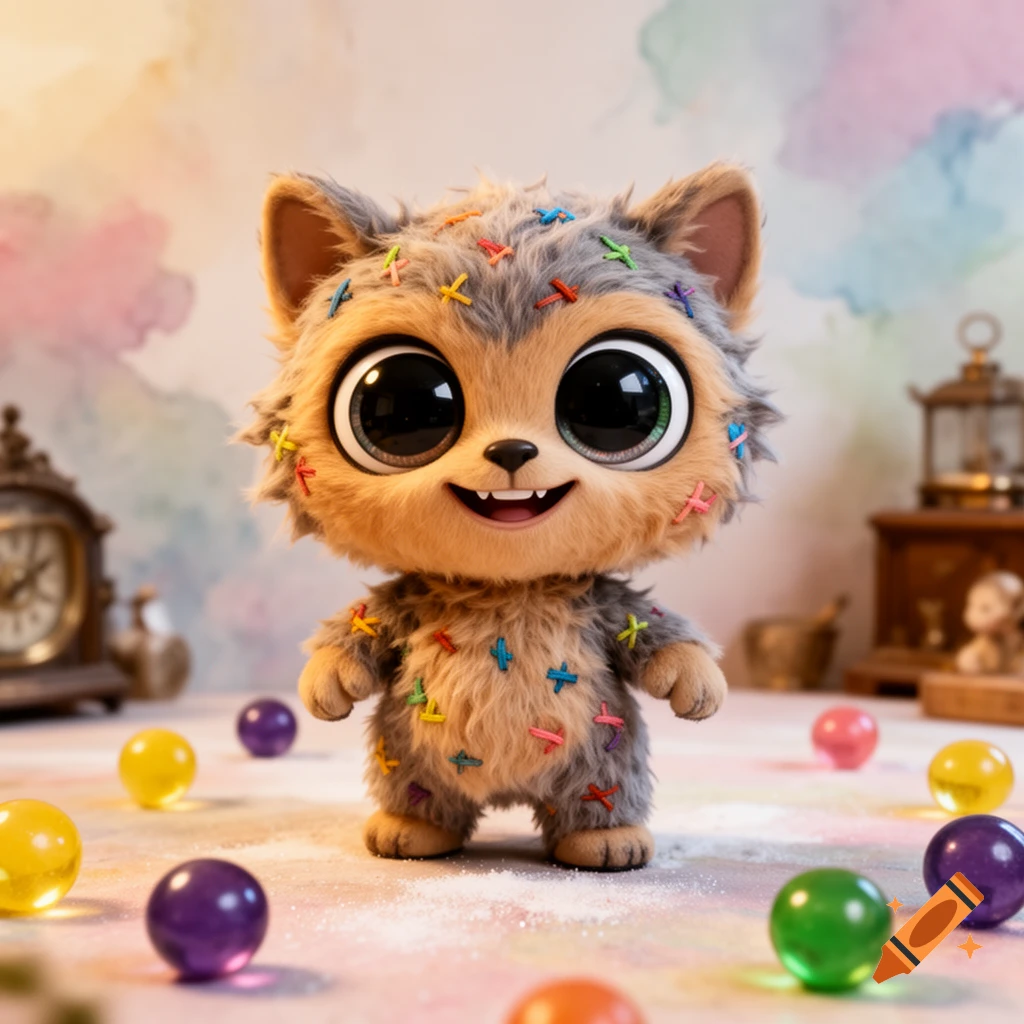 A fluffy, cute creature with big eyes and a happy smile, covered in colorful stitches like a doll, stands among scattered marbles against a pastel background.