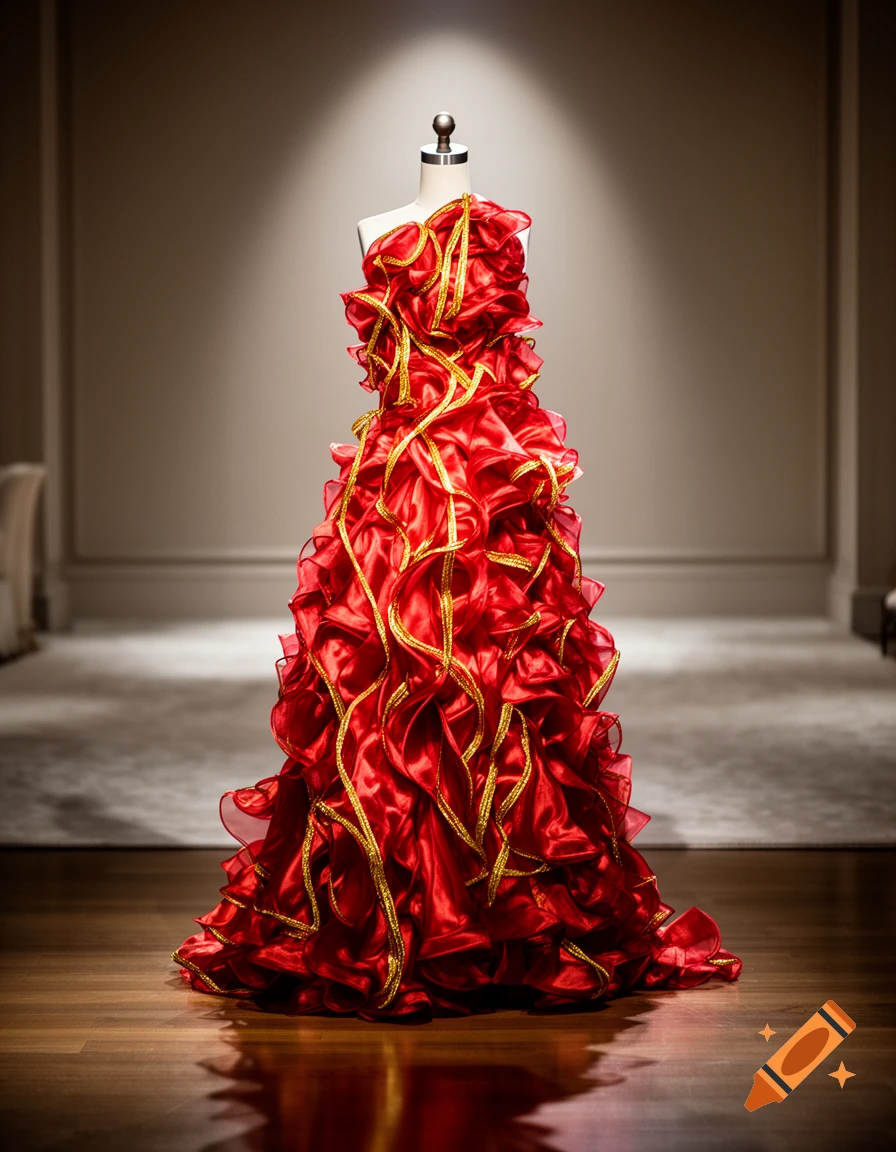 A vibrant red ruffled dress with gold accents displayed on a mannequin under a spotlight in a room.