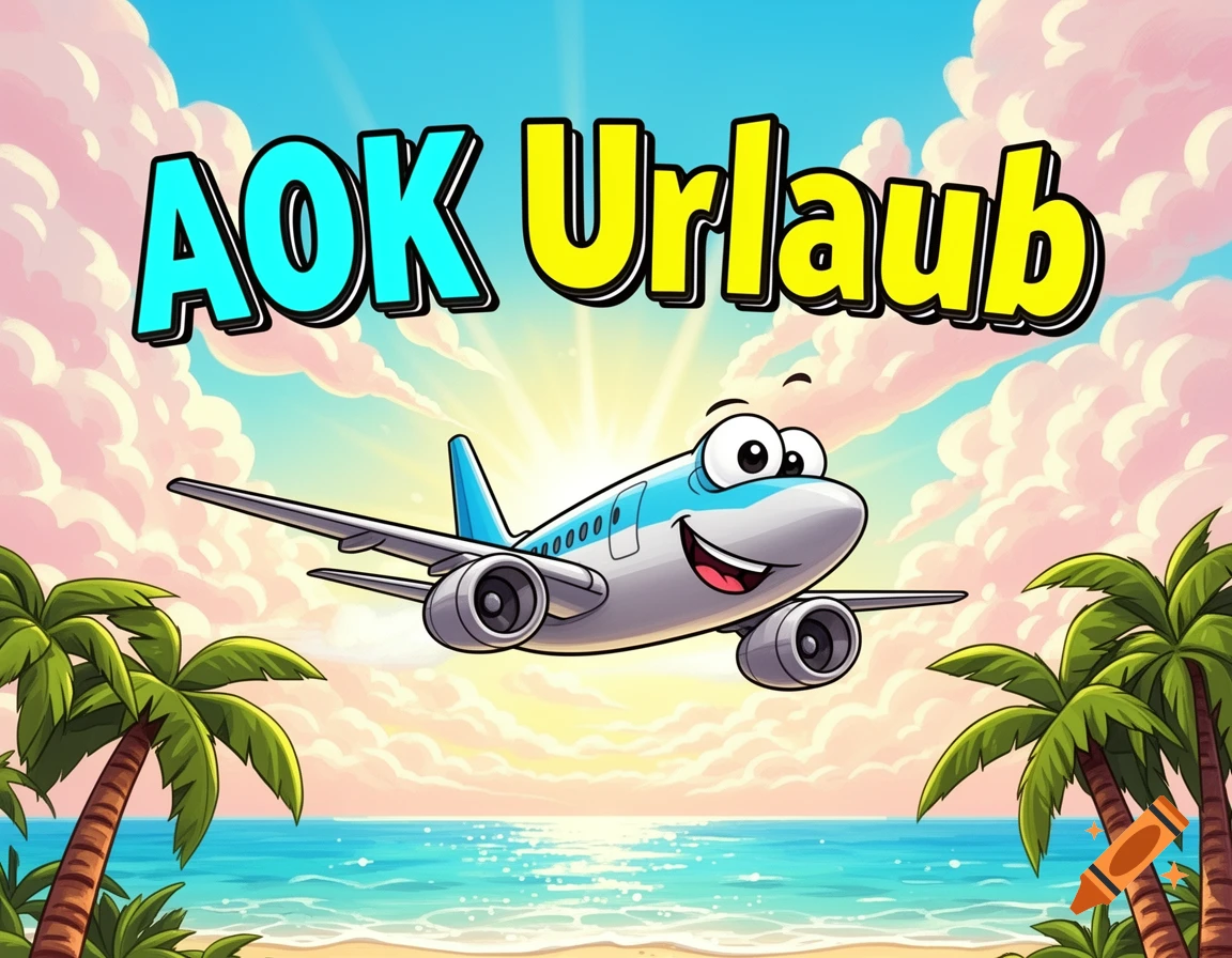 A cartoon airplane with a happy face flies over a sunny tropical beach with palm trees and the text 'AOK Urlaub'.