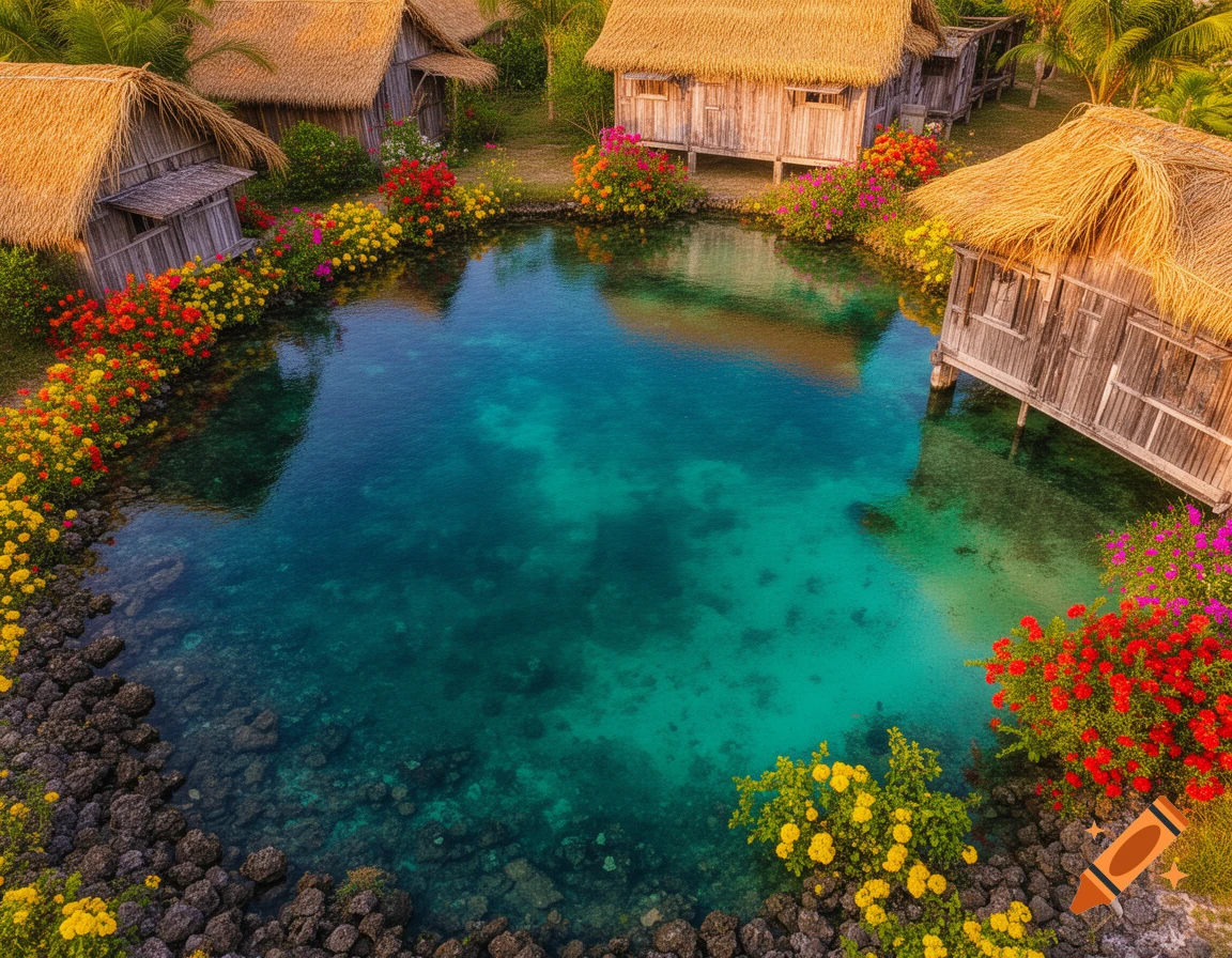 Vibrant aerial view of straw-roofed huts around a clear turquoise lagoon, bordered by colorful red, yellow, and pink flowers.