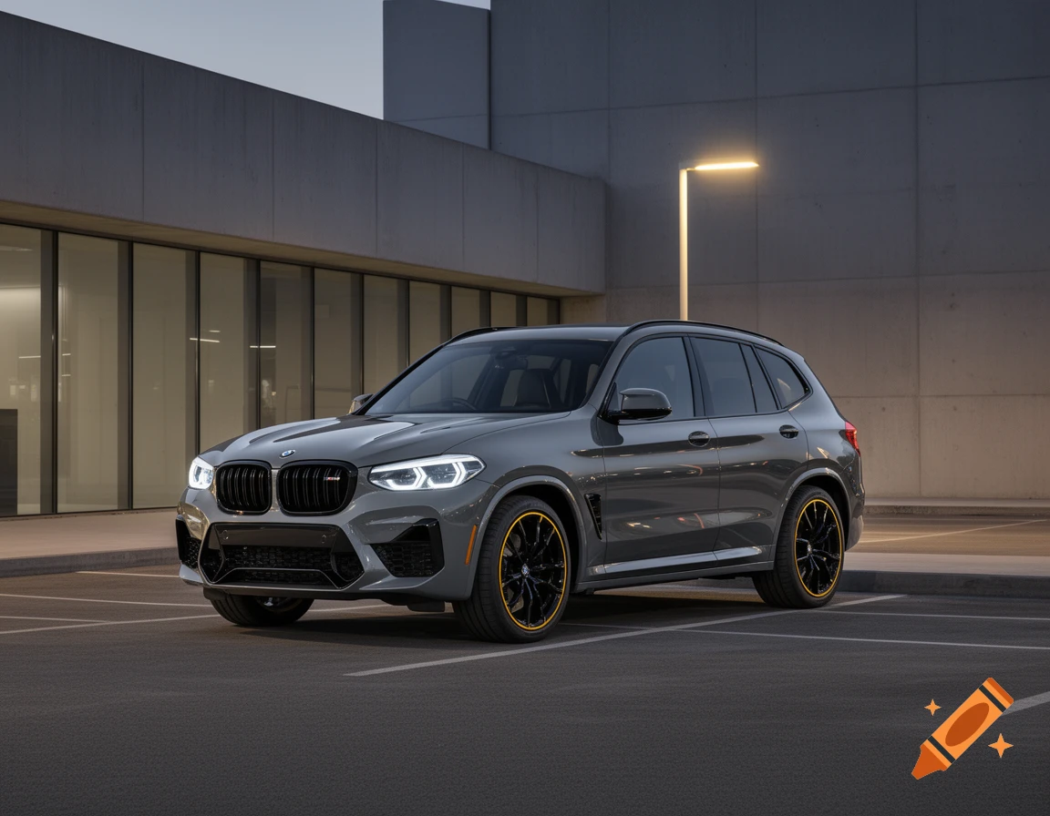 A gray BMW X3M SUV with black and gold wheels parked in a modern parking lot at dusk.