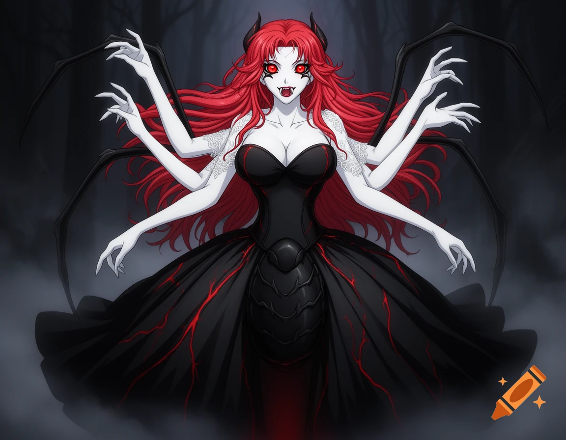 An anime demon woman with red hair, pale skin, fangs, six arms, and a black dress with red accents in a dark, foggy setting.