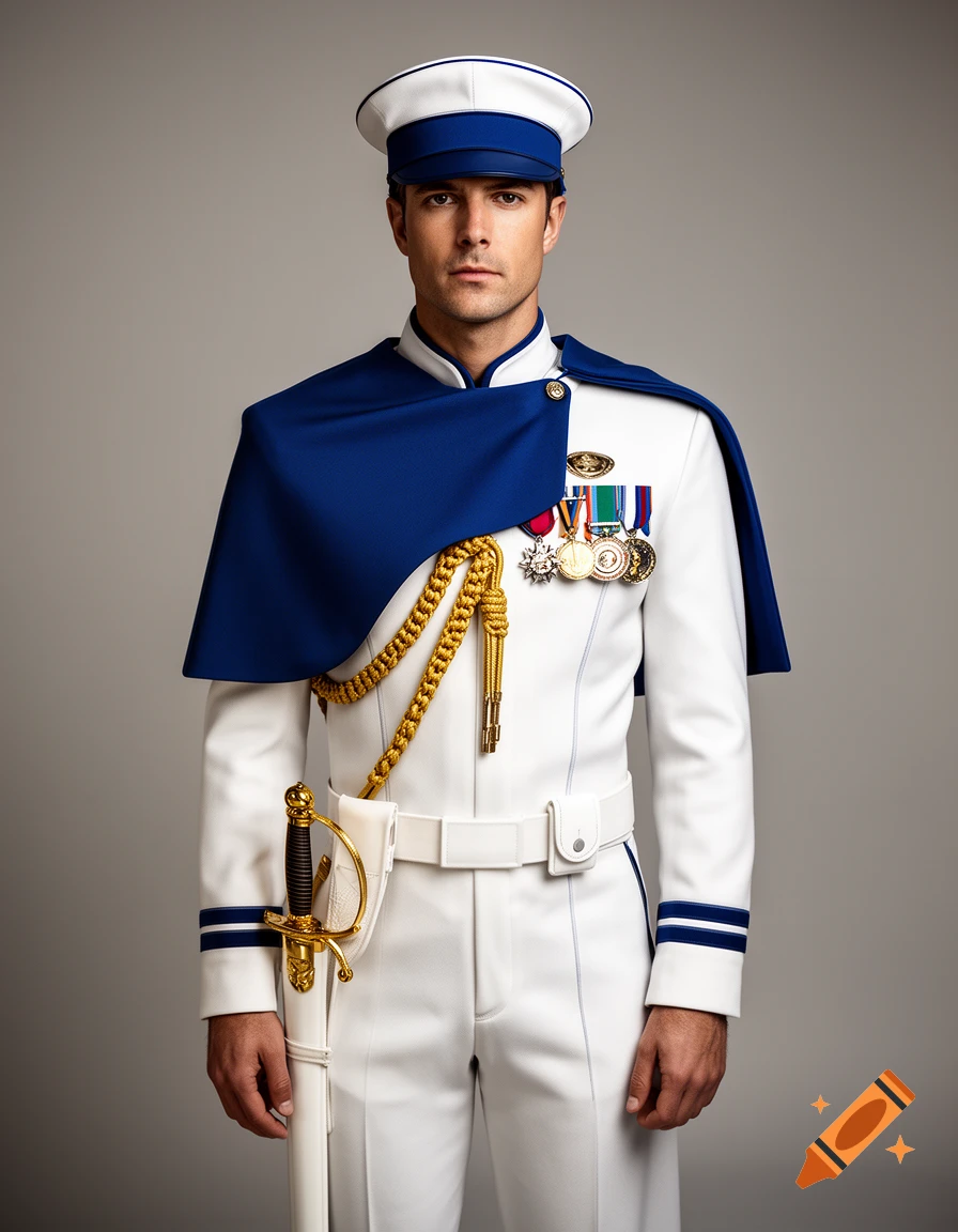 A photorealistic portrait of a man in a white and blue military-style dress uniform with medals, a cape, and a sword.