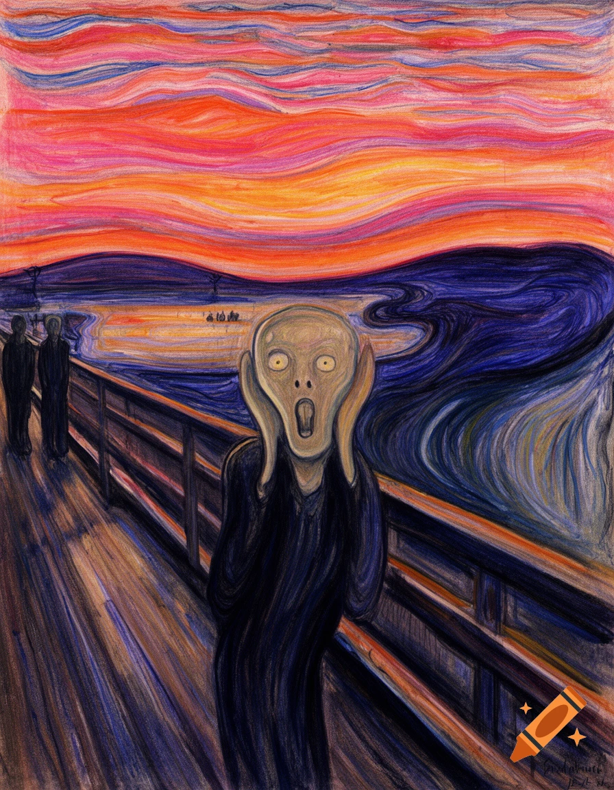 An expressionist painting depicting a figure on a bridge screaming with hands to their face against a swirling, vibrant sunset sky.