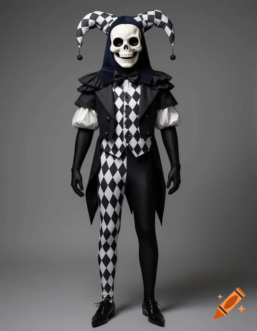 A jester stands in a black and white harlequin suit with a skull mask and pointed shoes.
