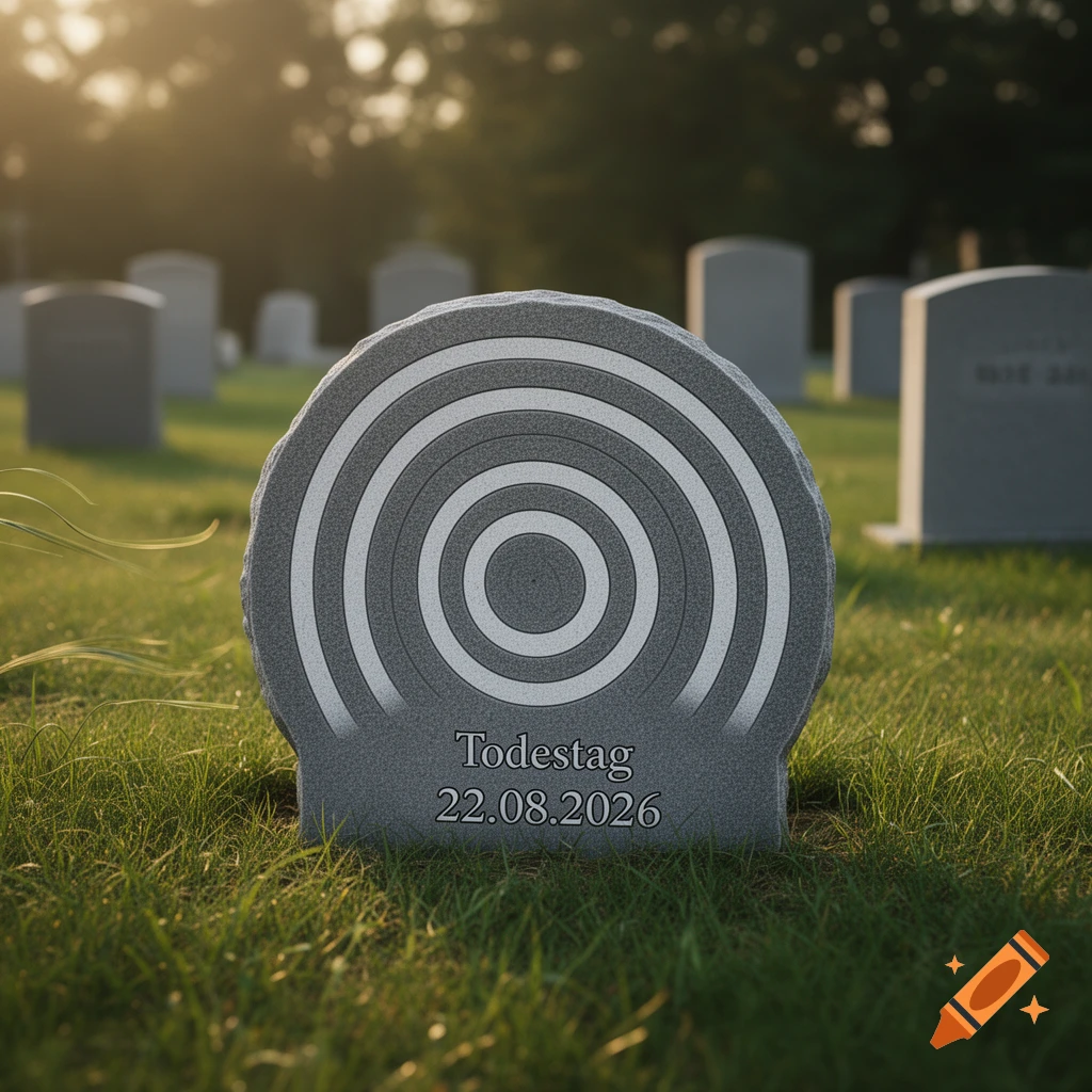 A dartboard-shaped tombstone in a sunlit cemetery with text 'Todestag 22.08.2026' carved on it.