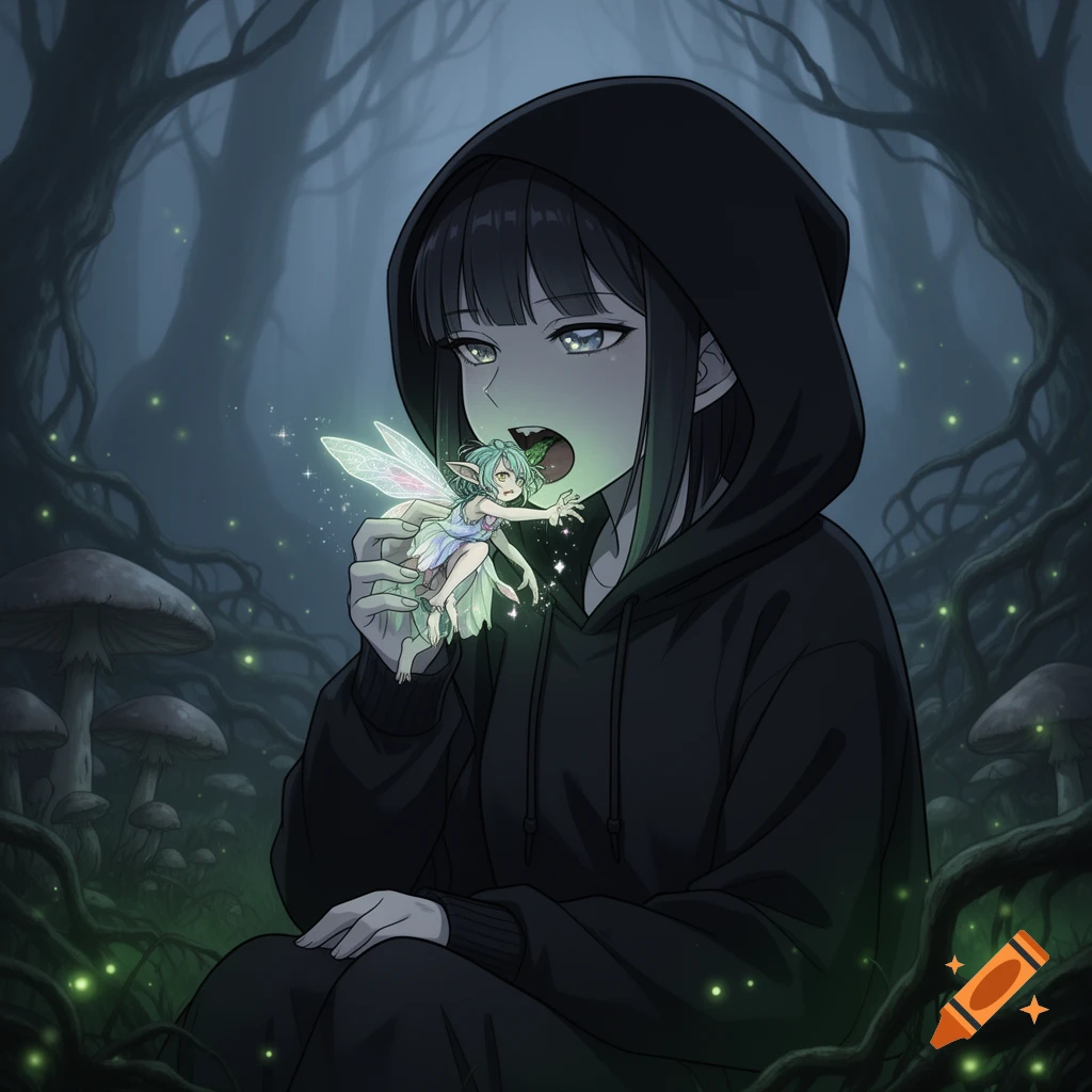 Anime style illustration of a girl in a black hoodie eating a glowing fairy in a dark forest with mushrooms.