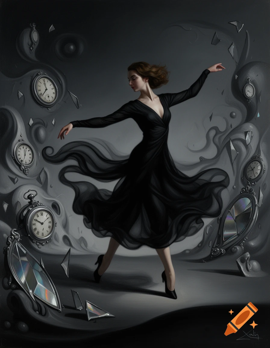 A surreal painting of a woman in a flowing black dress dancing amidst melting clocks, broken mirrors, and dark, swirling forms.