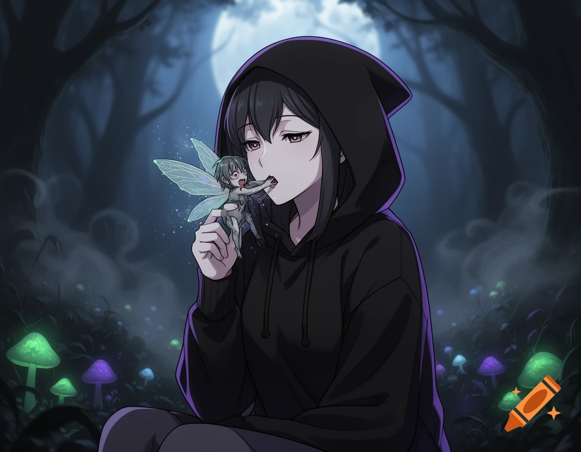 Anime style illustration of a girl in a black hoodie in a dark, glowing mushroom forest, holding and eating a small humanoid fairy.