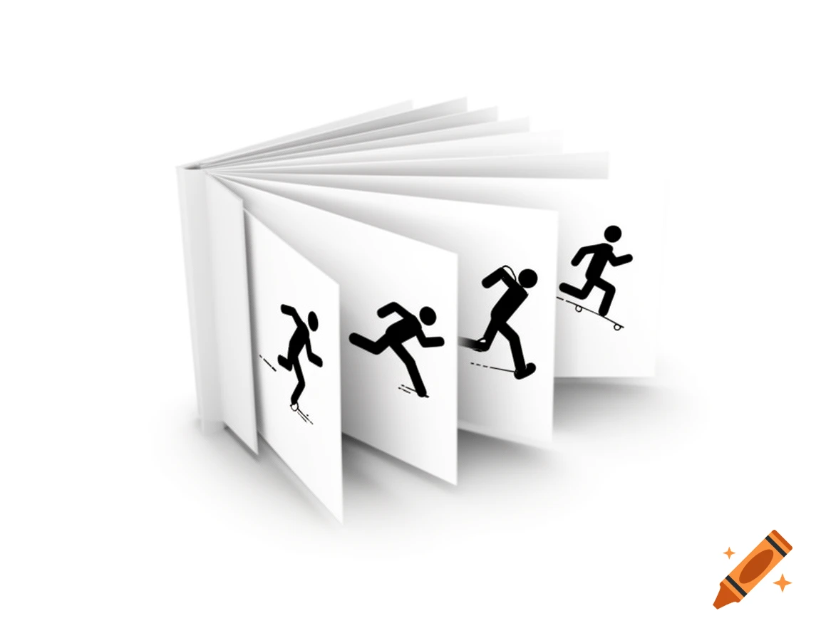 A minimalist illustration of an open flipbook, showing black stick figures animating from running to skateboarding on white pages.