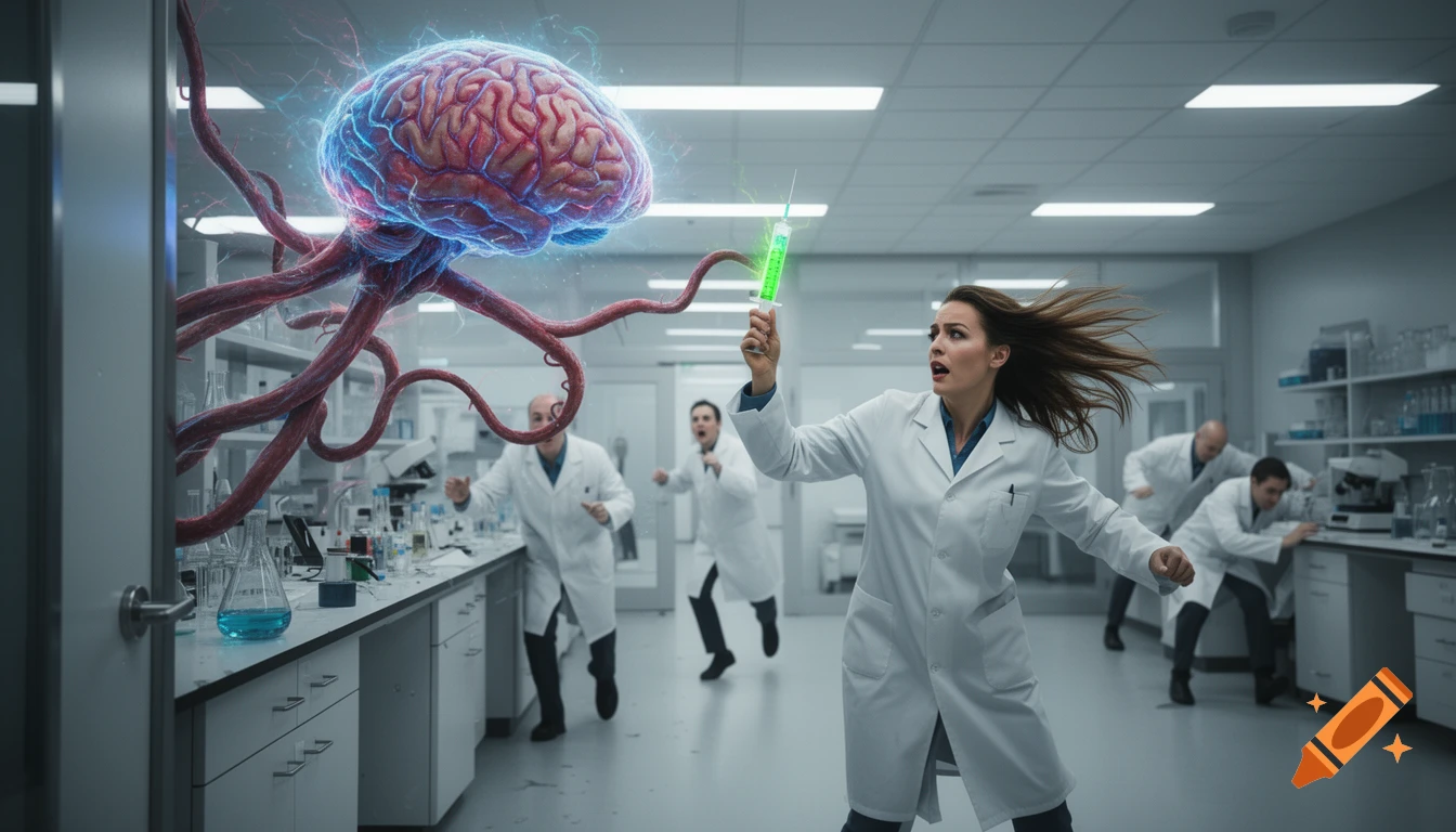 A terrified female scientist with a green syringe flees a giant floating brain with tentacles in a chaotic laboratory.