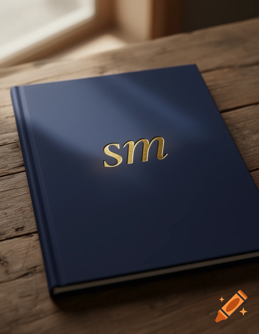 Close-up of a dark blue book with gold 'sm' lettering on a rustic wooden table, illuminated by sunlight.