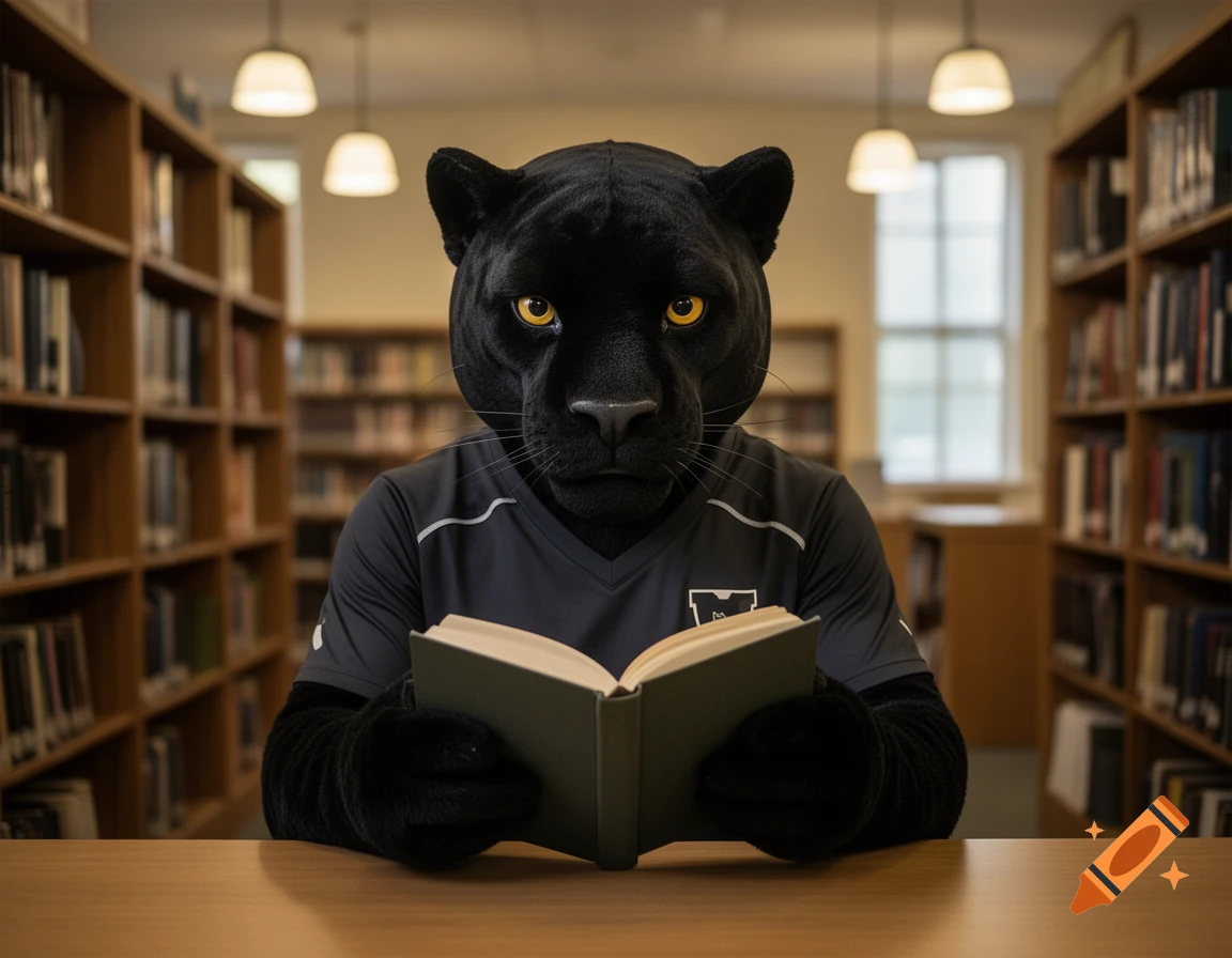 A photorealistic image of a black panther mascot wearing a dark shirt and reading a book inside a library.