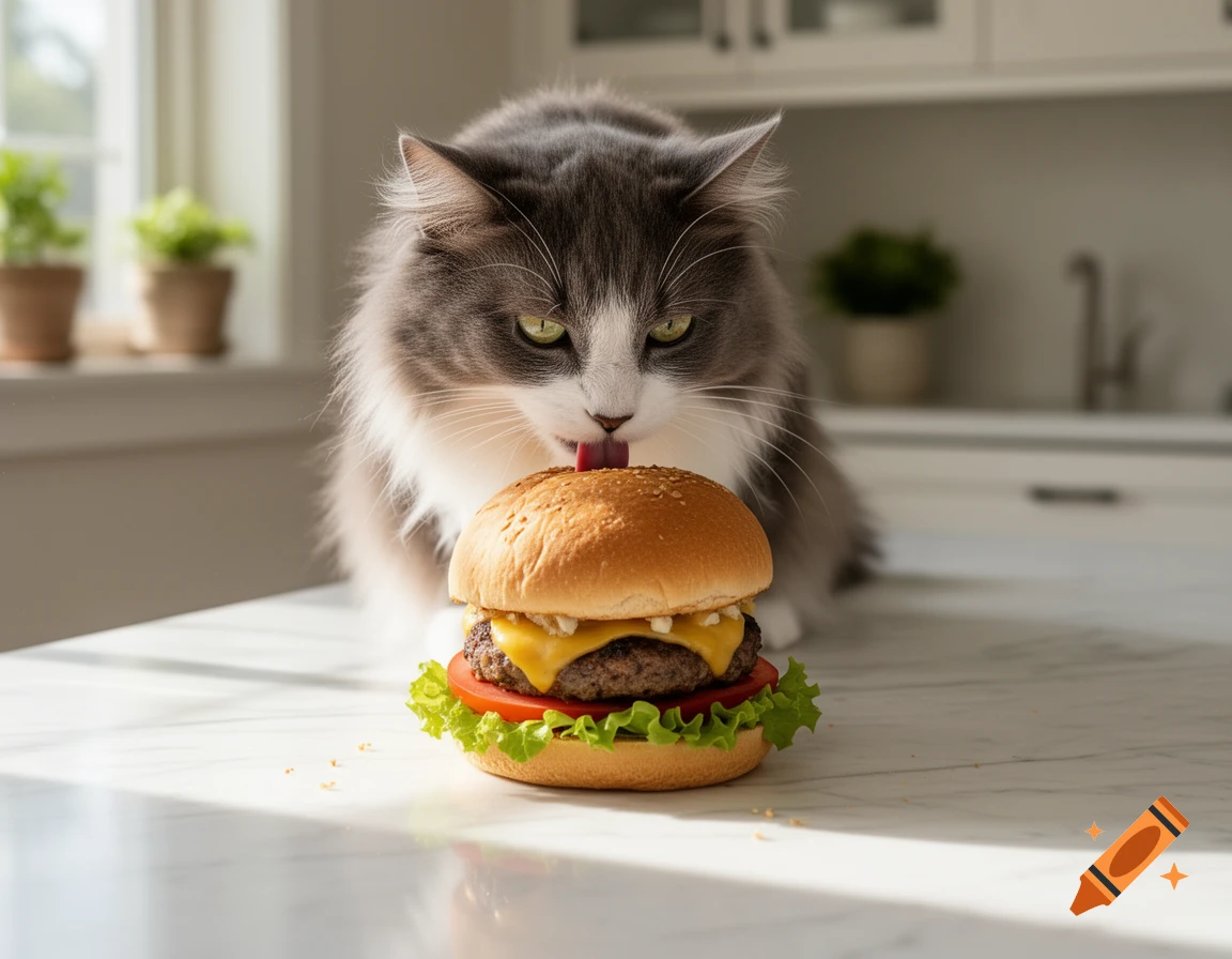 A fluffy grey and white cat with green eyes licks a cheeseburger on a white kitchen counter, photorealistic.