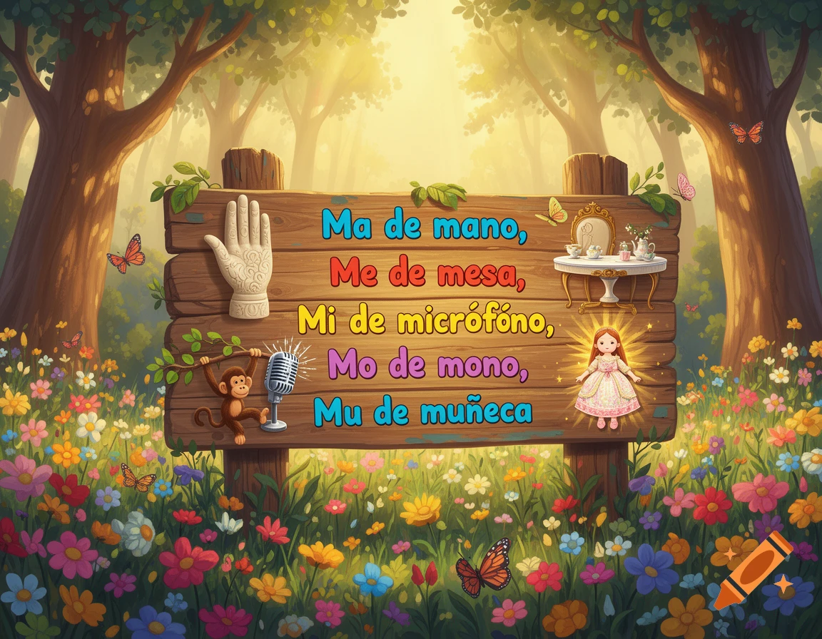 A whimsical forest scene with a wooden sign featuring "Ma de mano, Me de mesa, Mi de micr fono, Mo de mono, Mu de mu eca" text, along with a hand, tea set, monkey with a microphone, and a doll. Butterflies fly around a field of colorful flowers.