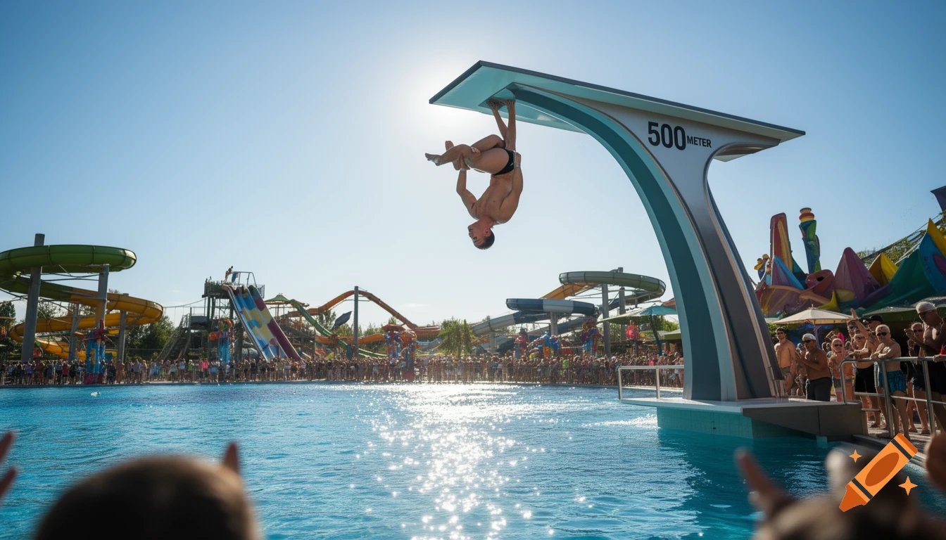 A man performs a backflip from a diving board labeled '500 METER' at a crowded water park under a bright sunny sky.