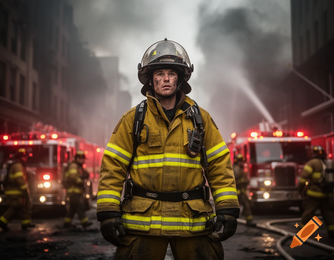A stoic firefighter, face smudged with dirt, stands front and center in a yellow uniform and helmet, with fire trucks and smoke in a city street behind him, photorealistic.