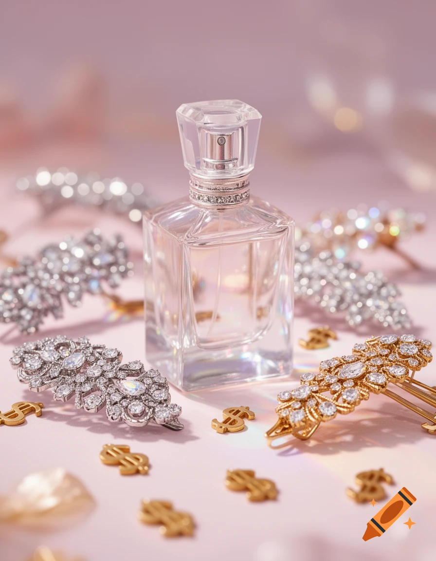 A crystal perfume bottle stands among various sparkling silver and gold jewelry hair clips and scattered golden dollar signs on a pink surface.