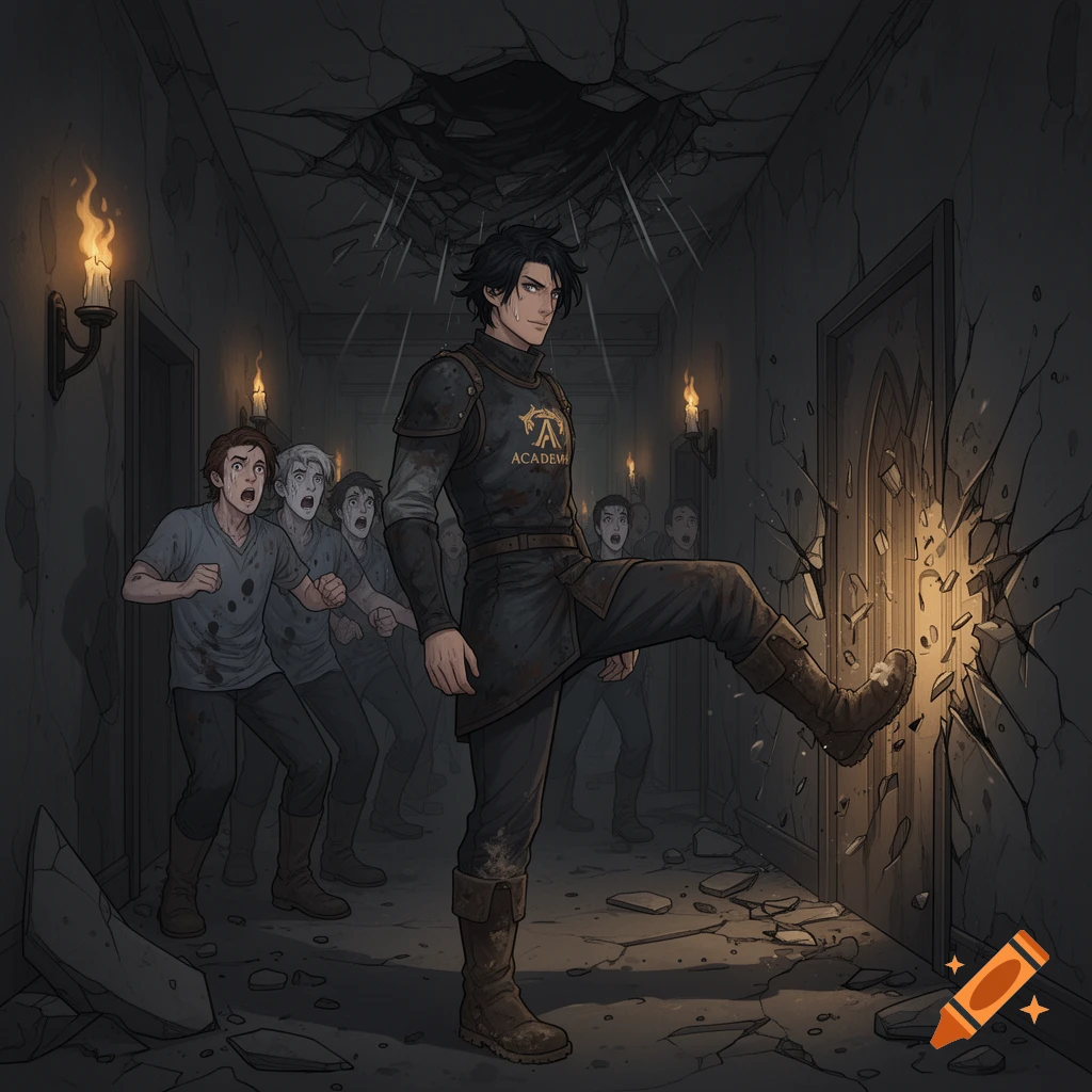 A man in dark armor kicks through a stone wall in a crumbling, torch-lit hallway as frightened people watch in the background.