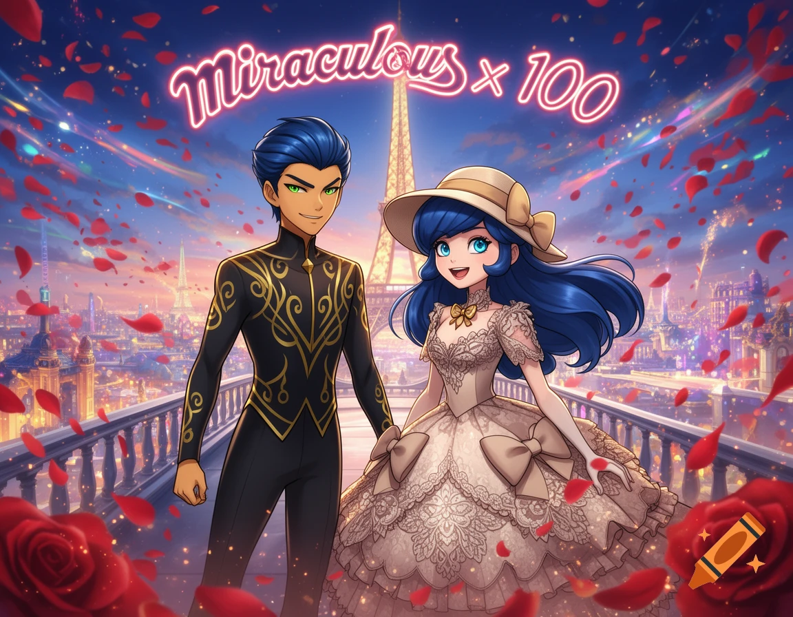 An anime couple on a Parisian balcony with the Eiffel Tower at sunset, surrounded by falling rose petals. Text: Miraculous x 100.