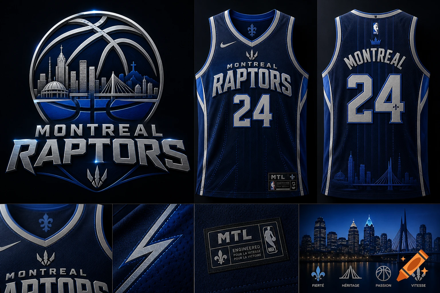 A collection of navy blue and silver basketball uniform designs and logos for a fictional Montreal Raptors NBA team.