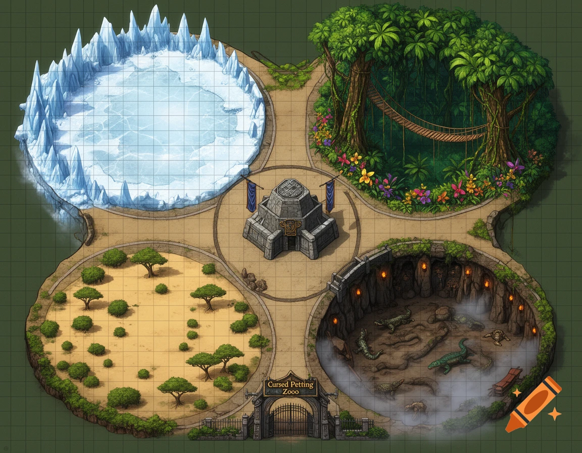 Top-down fantasy RPG battle map of a zoo dungeon, featuring a central hub, arctic, rainforest, savanna, and reptile catacomb zones, with a 'Cursed Petting Zooo' sign near the entrance. Stylized.