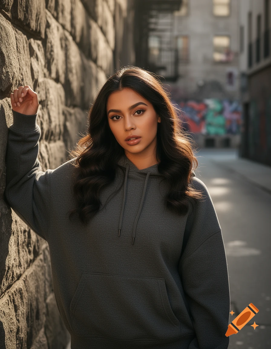 A young woman in a gray hoodie leans against a stone wall in an urban alley, looking directly at the viewer.
