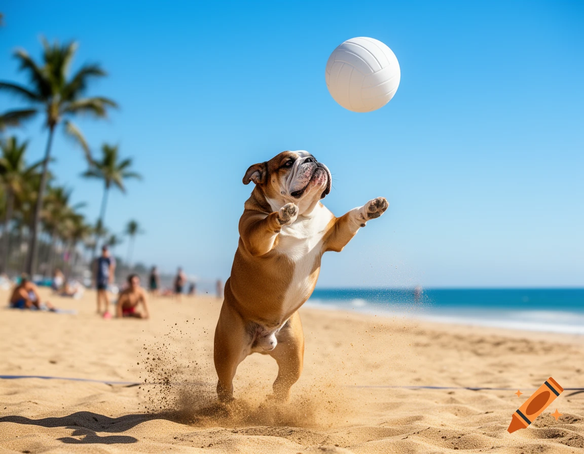 A bulldog jumps to hit a white volleyball on a sunny sandy beach with palm trees and ocean in the background.
