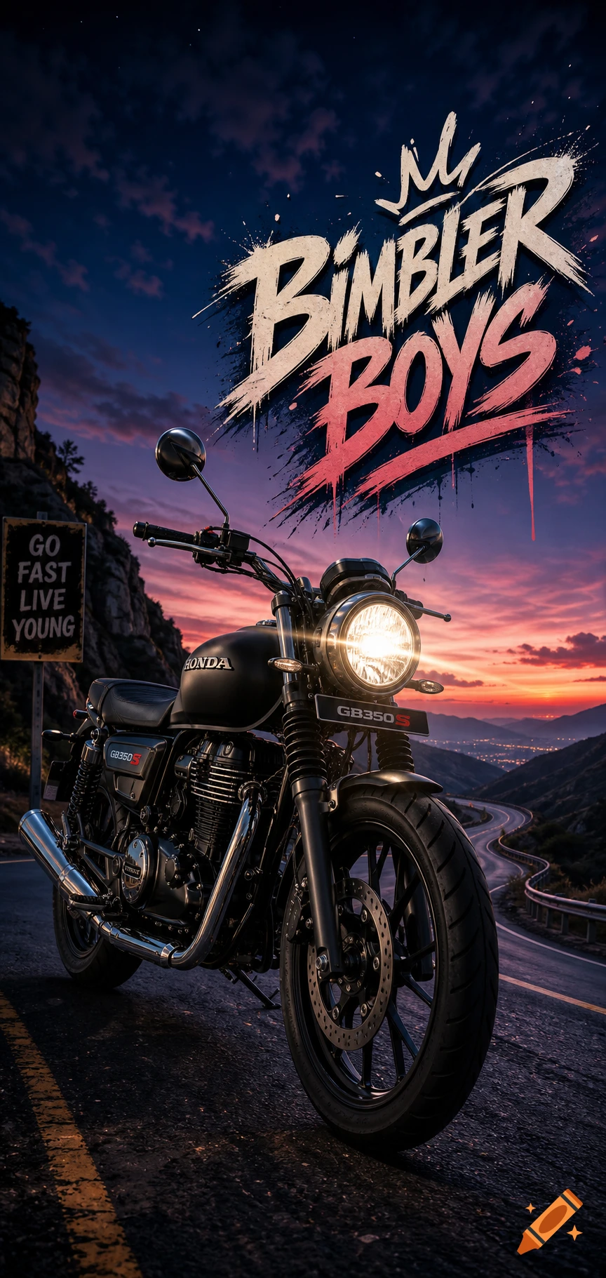 A black Honda GB350S motorcycle is parked on a winding mountain road at sunset. "Bimbler Boys" text is overlaid at the top.