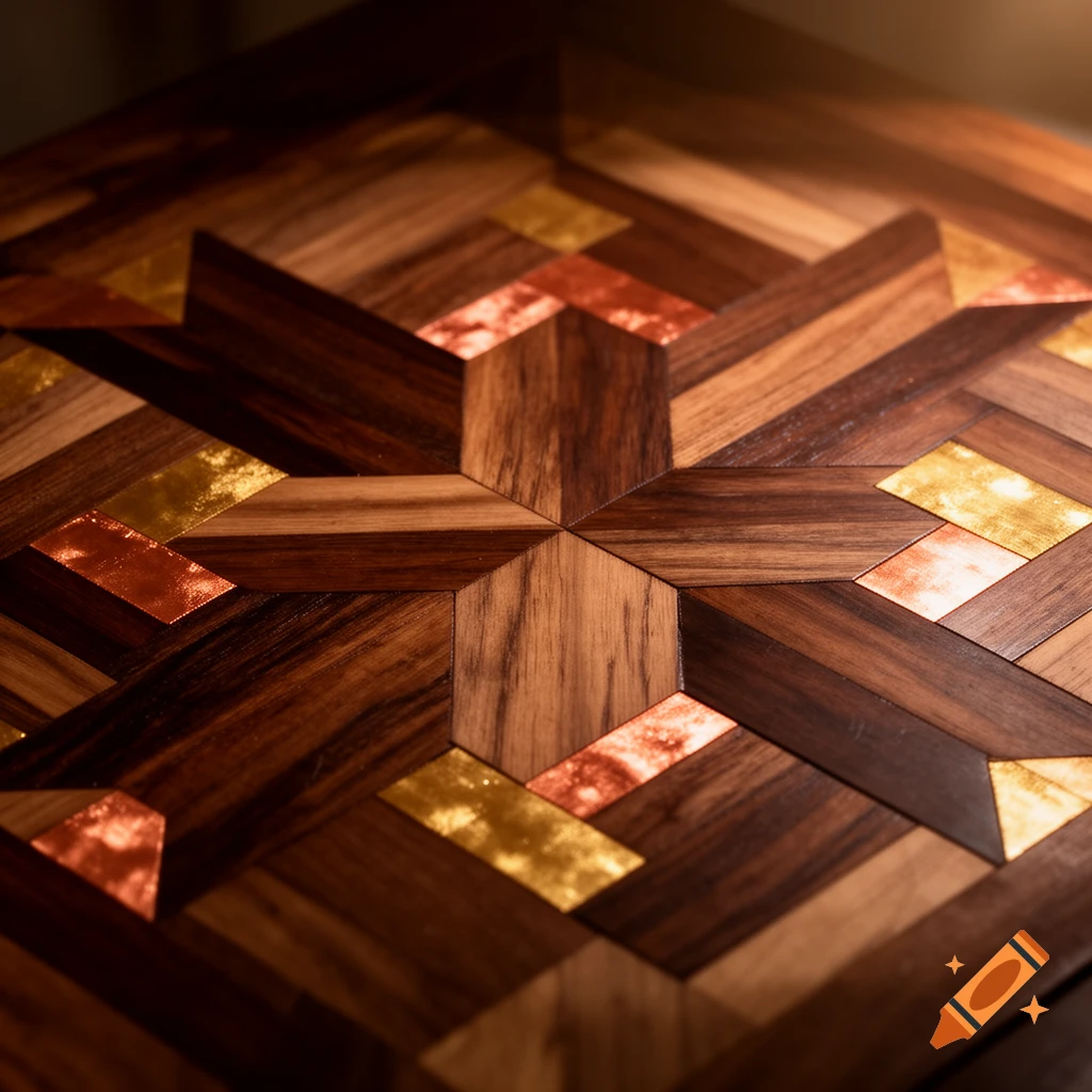 Close-up of a detailed marquetry pattern made from various shades of wood, gold, and copper, forming a geometric design.