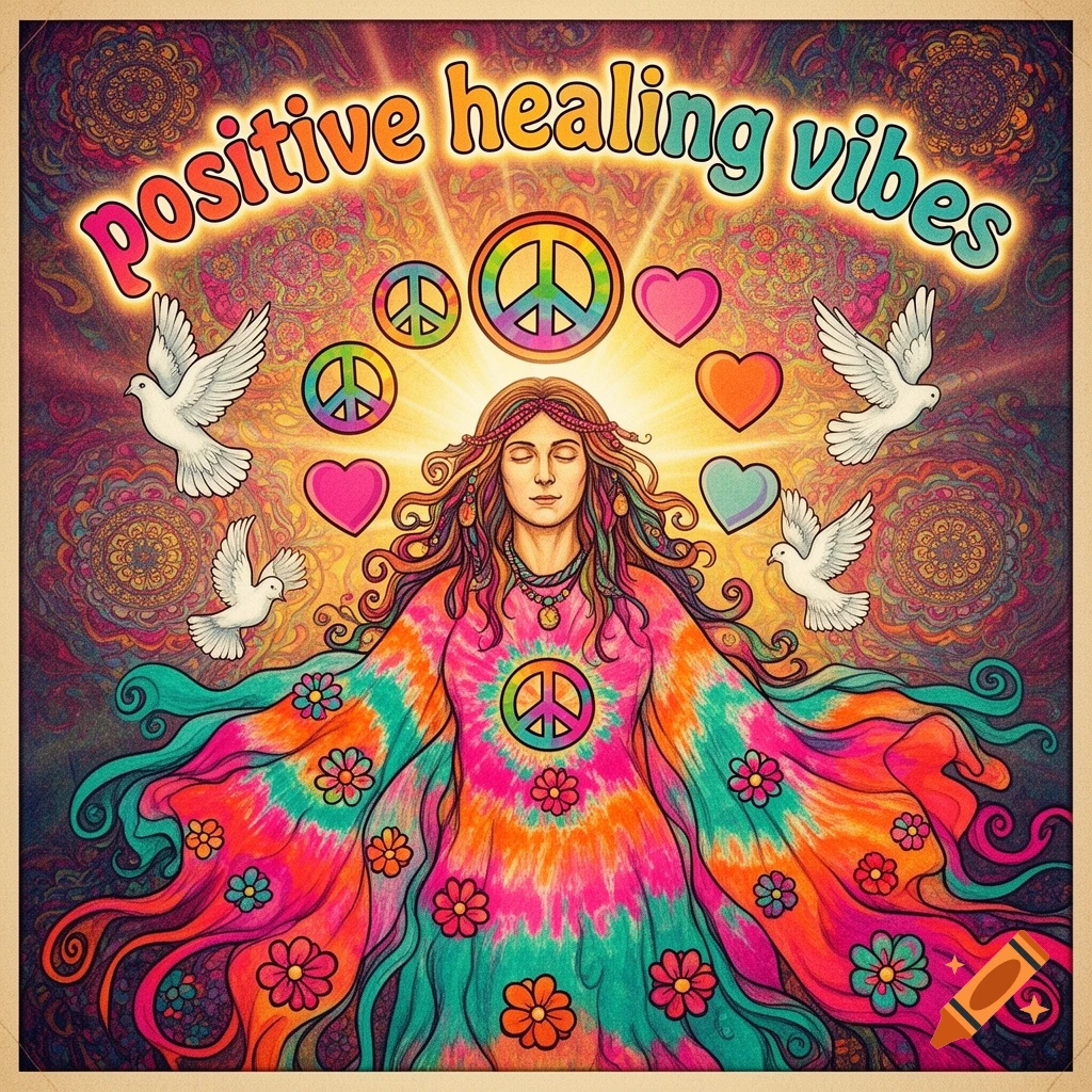 A vibrant psychedelic poster shows a meditating person in a tie-dye dress with peace signs, hearts, and doves, and the text "positive healing vibes".